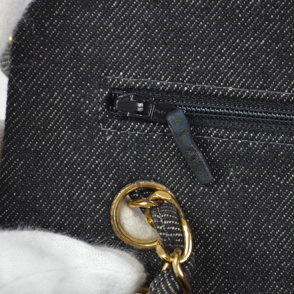 Chanel 1997-1999 Classic Double Flap Medium Black Denim For Sale 1