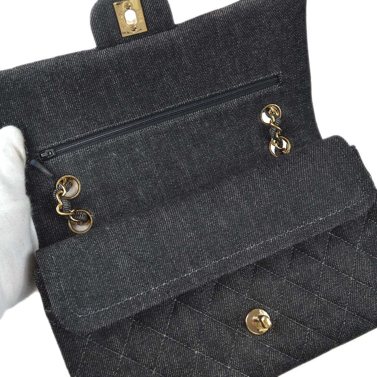 Chanel 1997-1999 Classic Double Flap Medium Black Denim For Sale 2