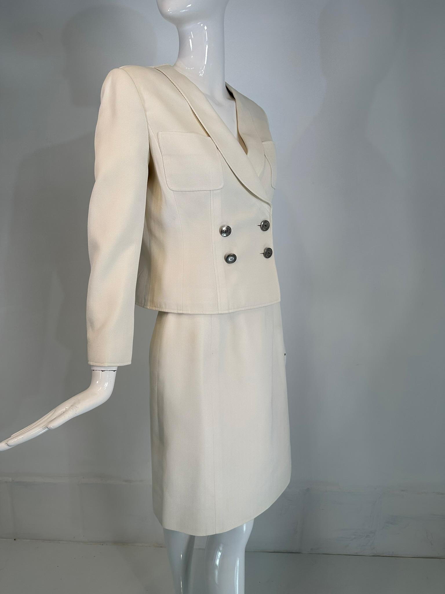 Chanel 1997 C Off White Cotton Pique Double Breasted Cropped Jacket & Skirt 40 For Sale 7