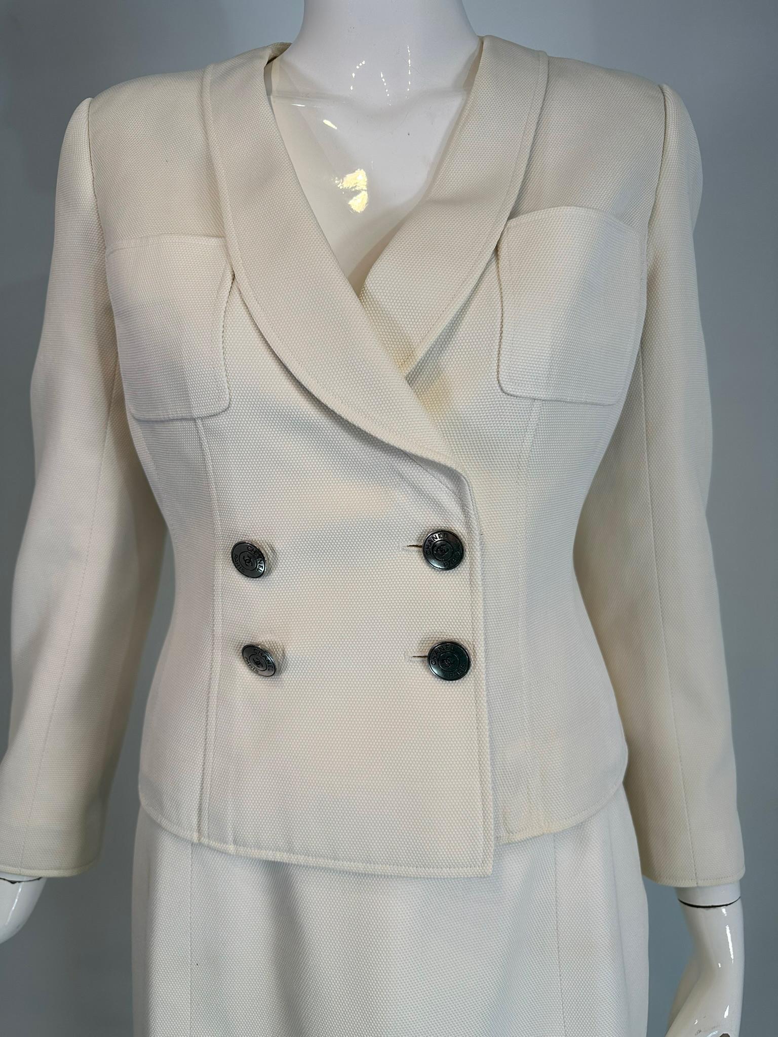 Chanel 1997 C Off White Cotton Pique Double Breasted Cropped Jacket & Skirt 40 For Sale 9