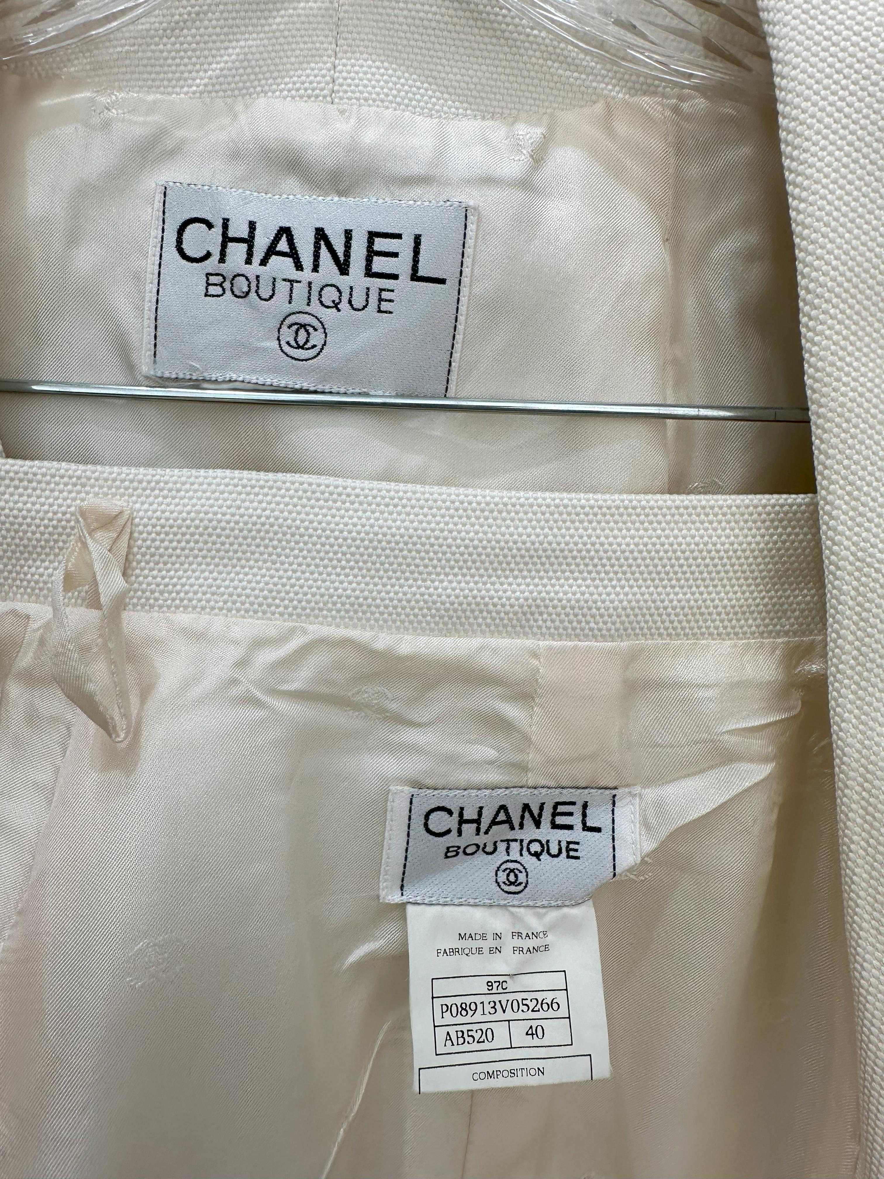 Chanel 1997 C Off White Cotton Pique Double Breasted Cropped Jacket & Skirt 40 For Sale 11