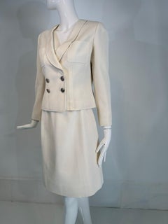 Chanel 1997 C Off White Cotton Pique Double Breasted Cropped Jacket & Skirt 40