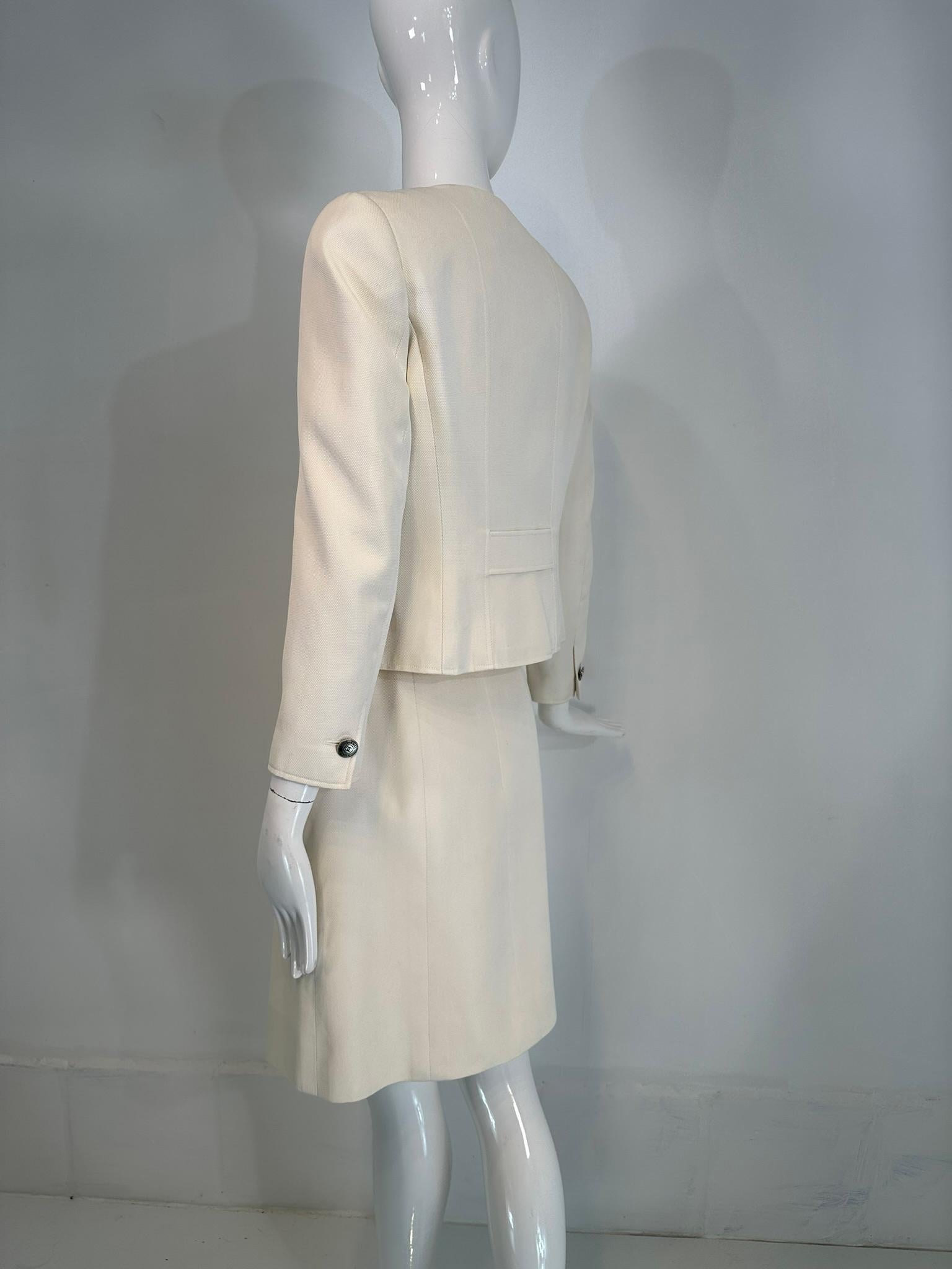 Chanel 1997 C Off White Cotton Pique Double Breasted Cropped Jacket & Skirt 40 For Sale 1