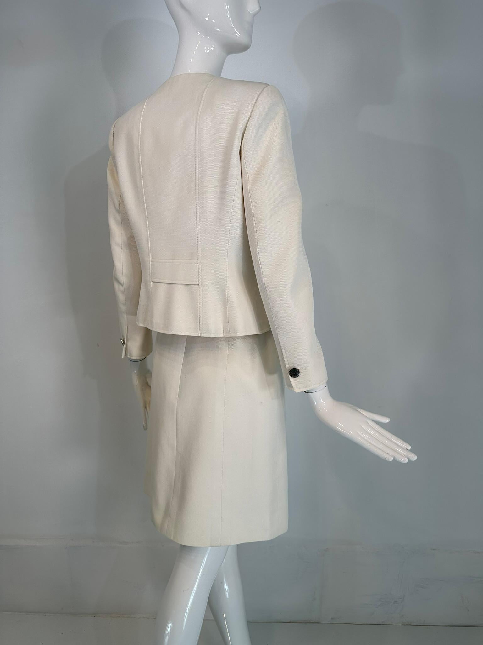 Chanel 1997 C Off White Cotton Pique Double Breasted Cropped Jacket & Skirt 40 For Sale 4
