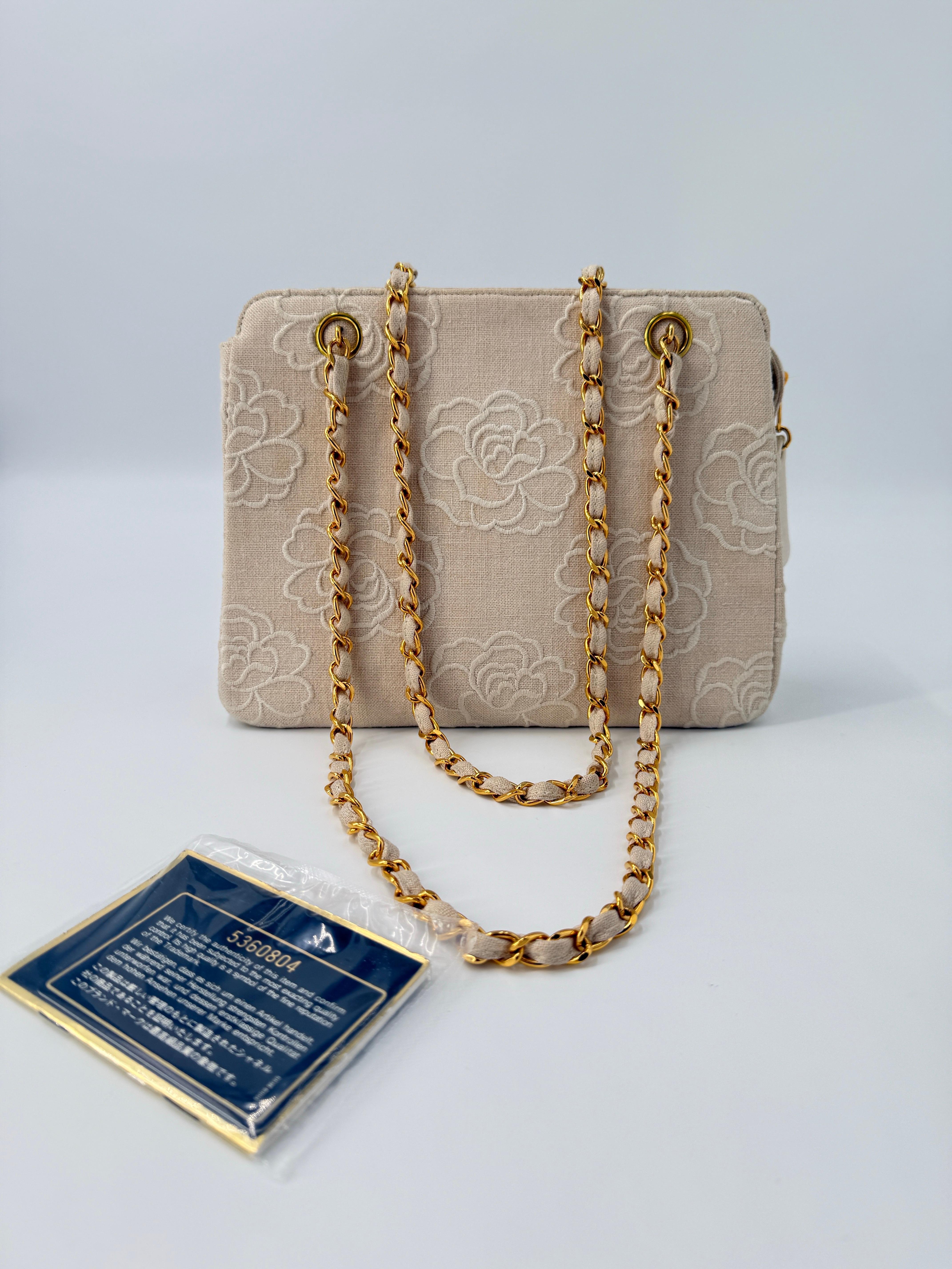 Chanel 1997 Camellia Ivory Linen Tote Bag at 1stDibs
