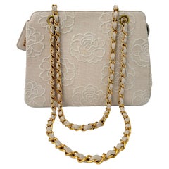 Chanel 1997 Camellia Ivory Linen Tote Bag