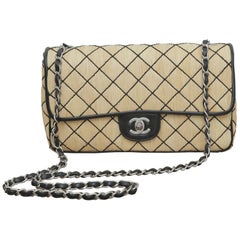 Chanel 1997 Classic Flap Single with Black Leather Beige Raffia Shoulder Bag