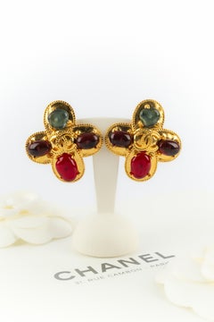 Chanel 1997 Gold Metal Clip-On Earrings with Glass Cabochons, France