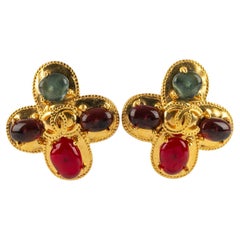 Chanel 1997 Gold Metal Clip-On Earrings with Glass Cabochons, France
