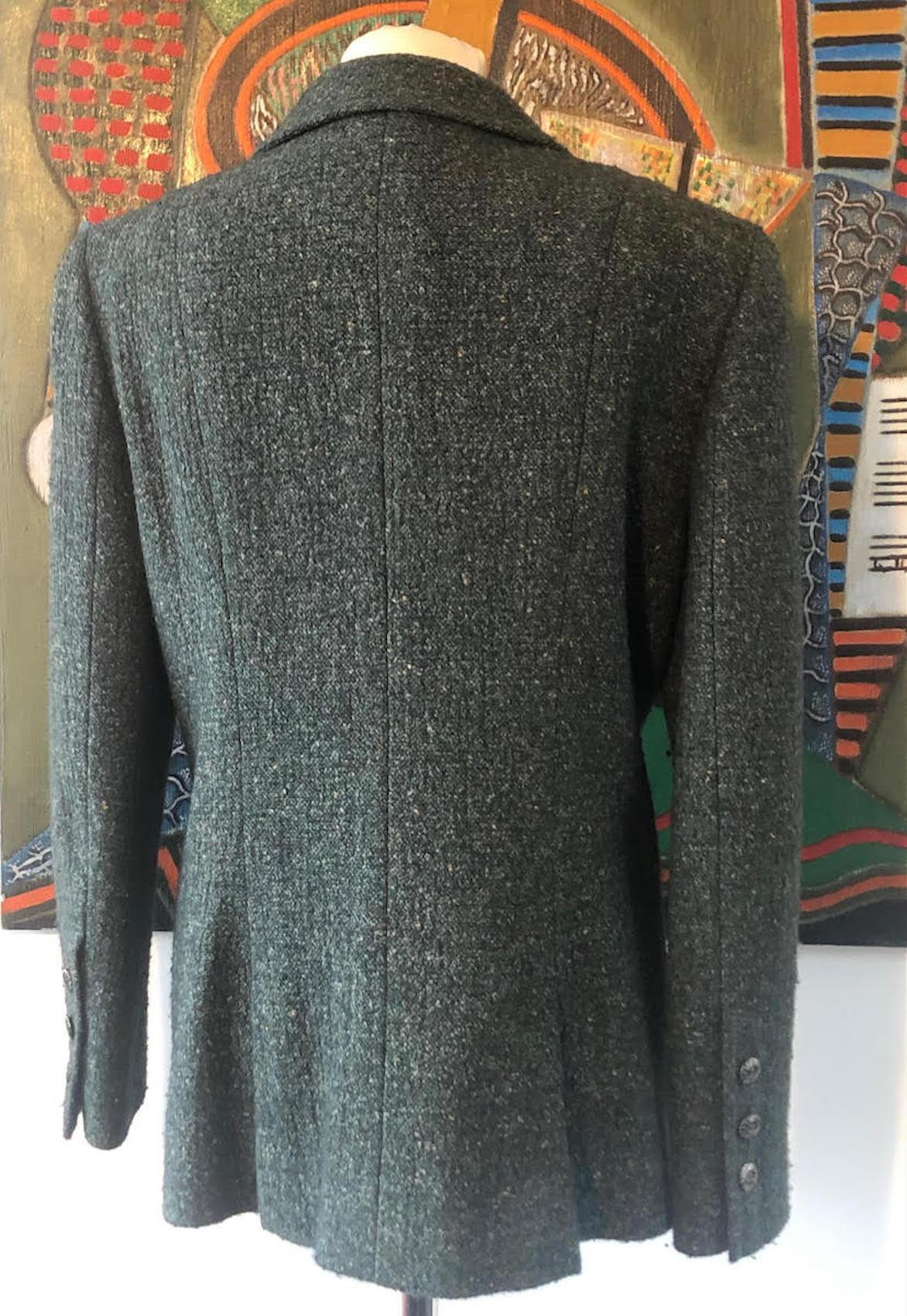 CHANEL 1997 Green Tweed Wool Bouclé Jacket Pre-Owned Double Breasted 2