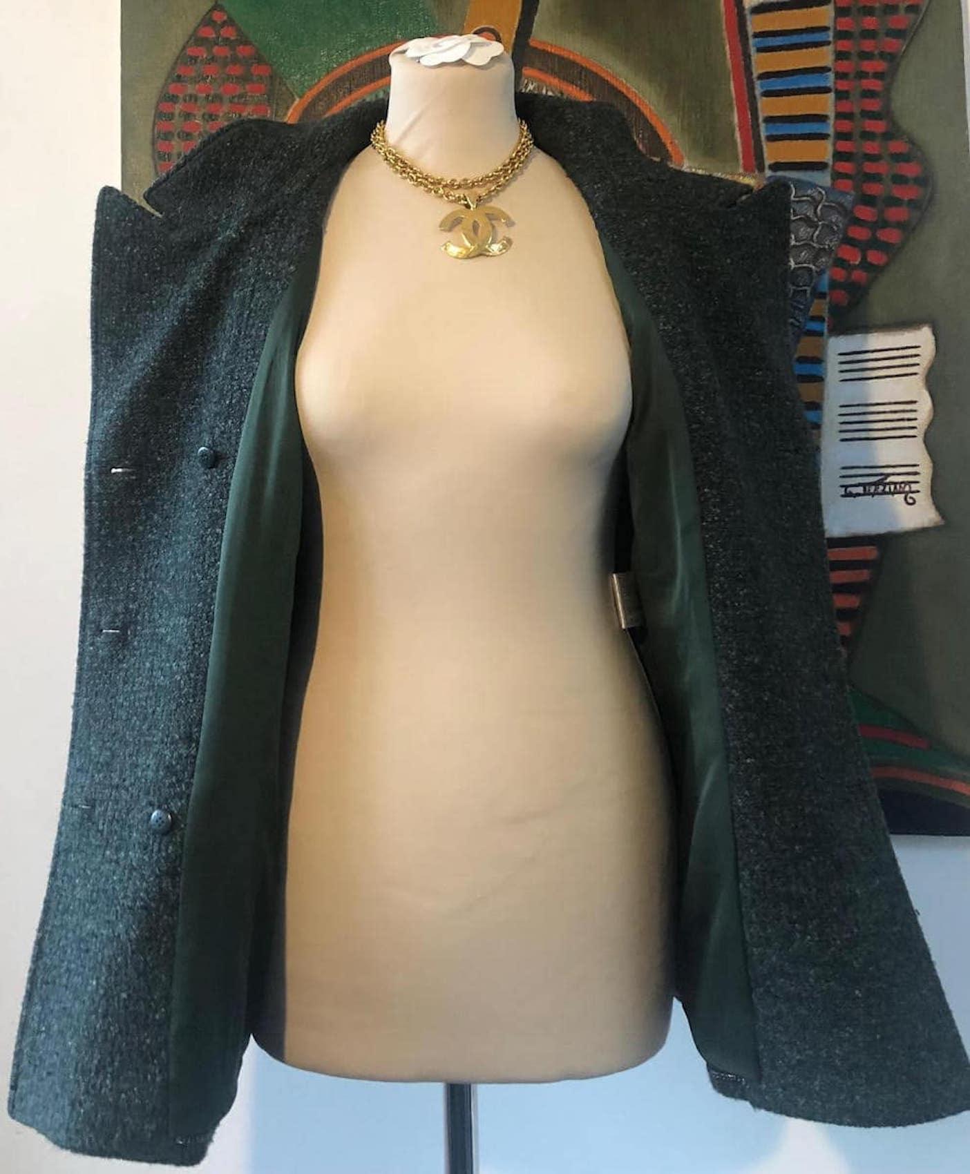 CHANEL 1997 Green Tweed Wool Bouclé Jacket Pre-Owned Double Breasted 3
