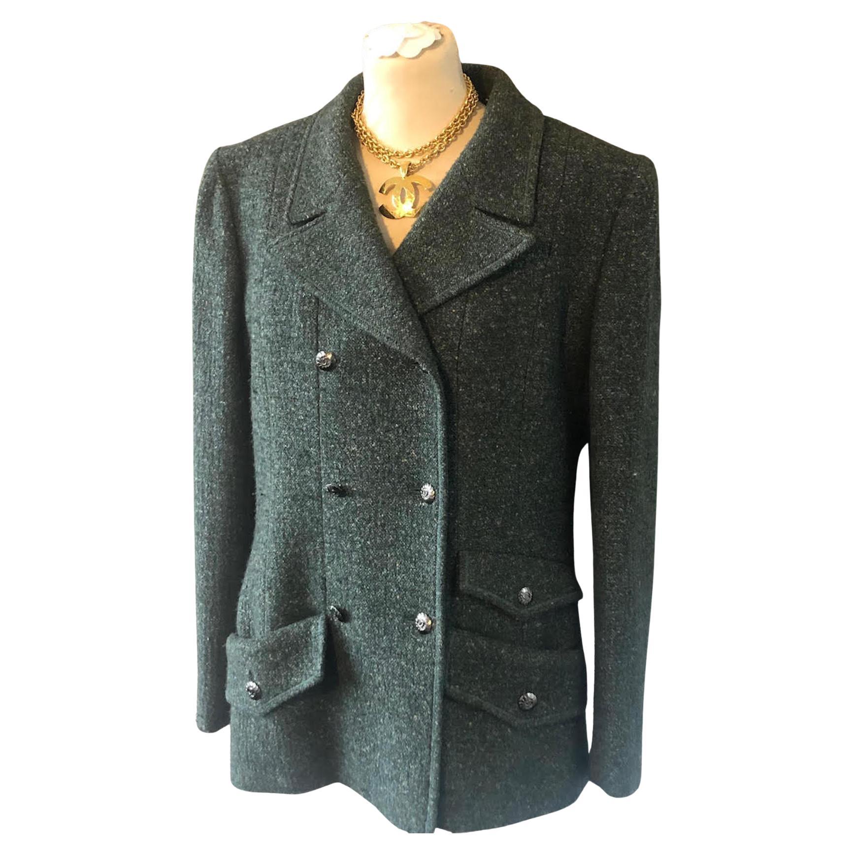 CHANEL 1997 Green Tweed Wool Bouclé Jacket Pre-Owned Double Breasted