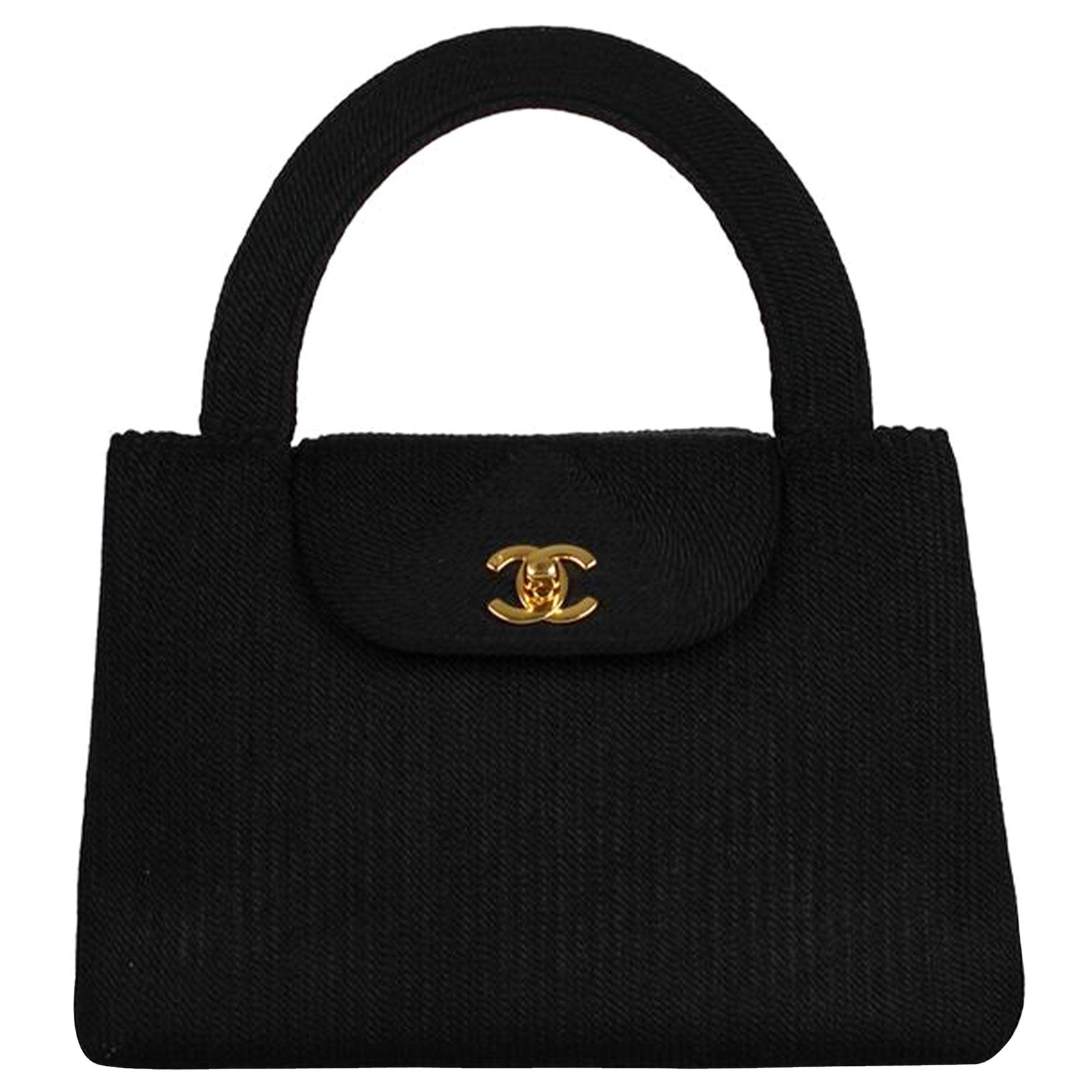Chanel 1997 Kelly Classic Flap Top Handle Seltene Vintage Schwarz Canvas Satchel Tasche mit Klappe