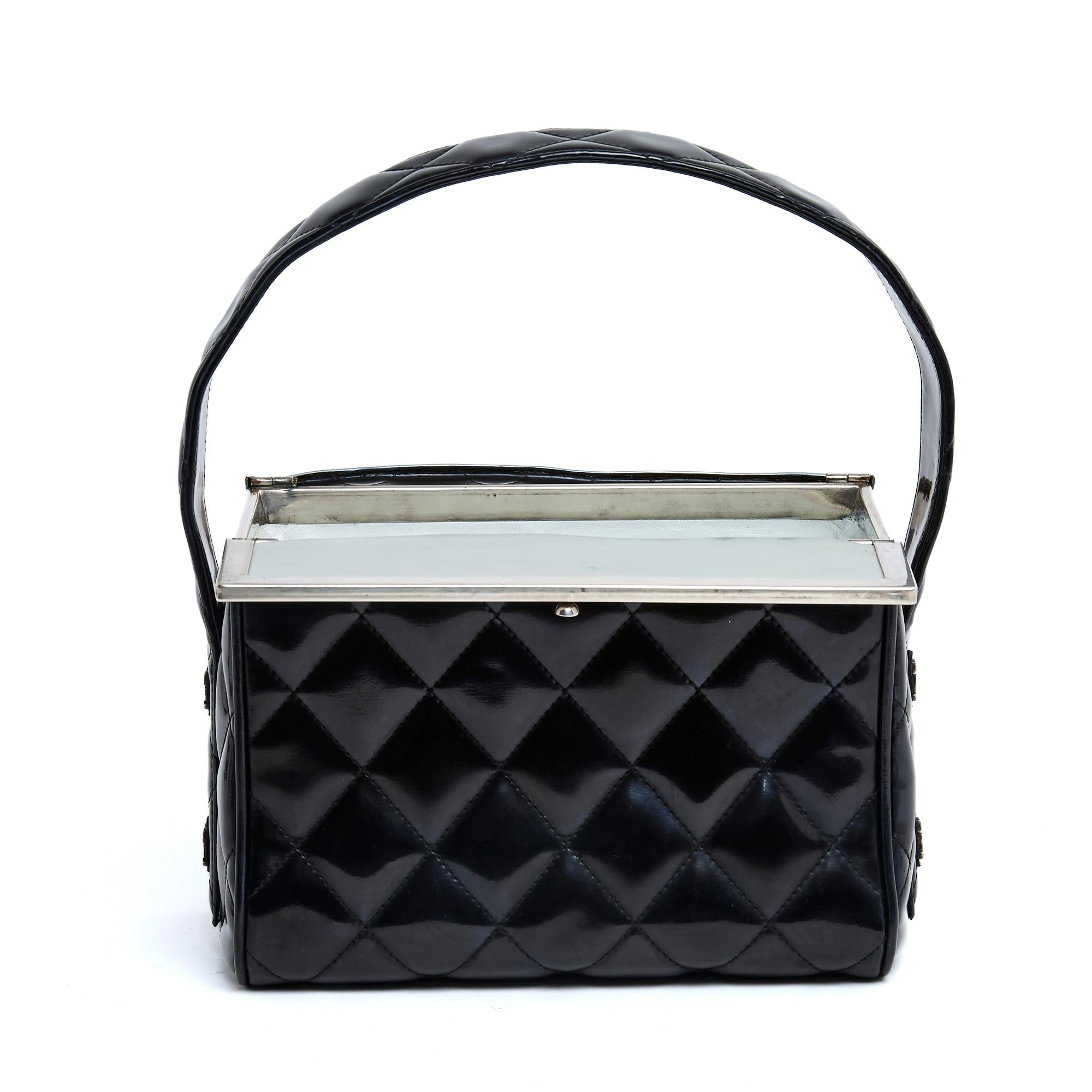 Chanel 1997 Sac Classique Black Patent Quilted Leather Box Hand Bag For Sale 2