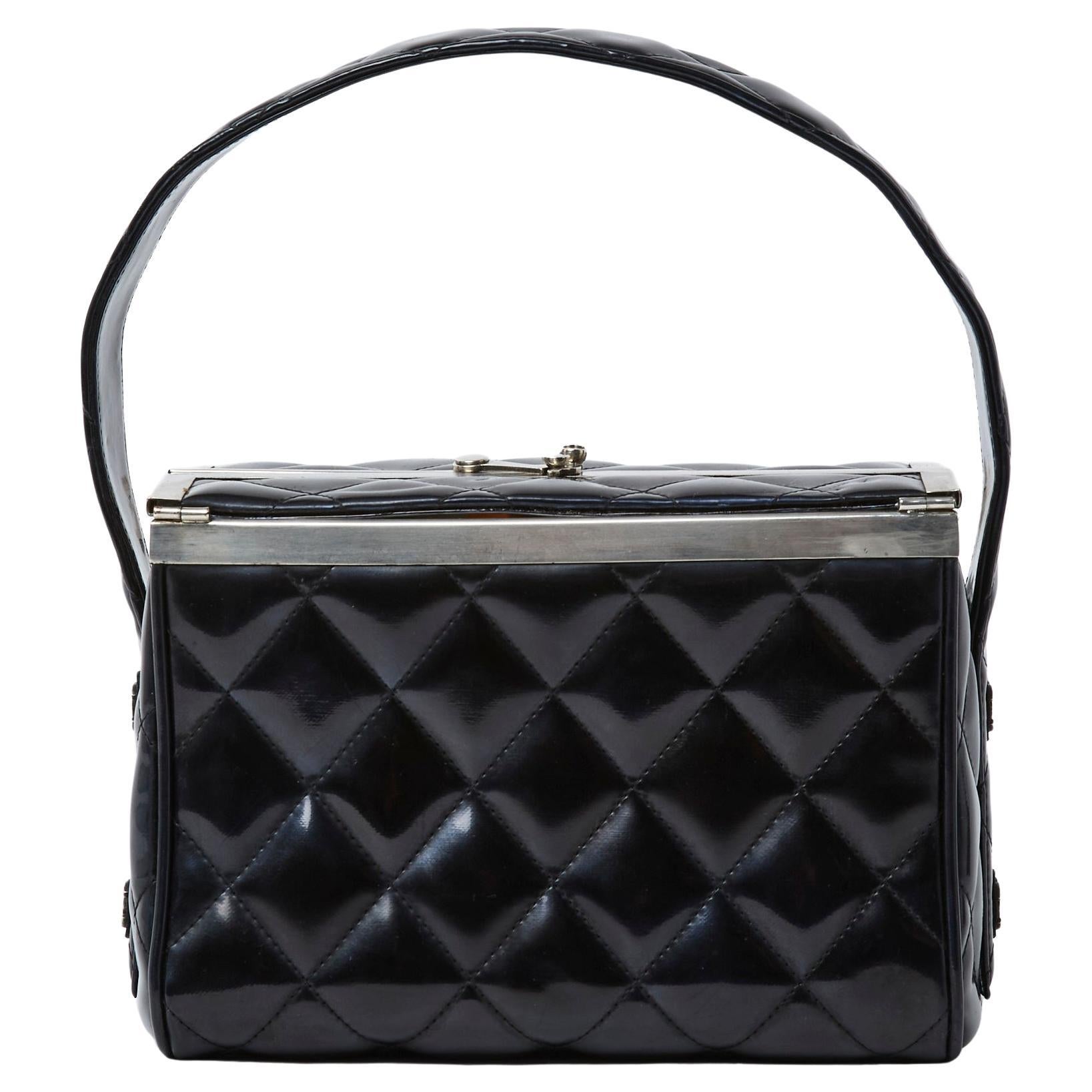Chanel 1997 Sac Classique Black Patent Quilted Leather Box Hand Bag For Sale