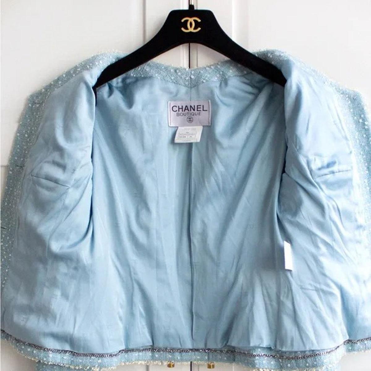 Chanel 1997 Vintage Baby Blue Tweed Jacket Museum Piece Seen on Princess Diana  For Sale 7