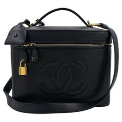 Chanel 1997 Vintage Black Caviar Large Vanity Trunk Bag with lock, strap 64394