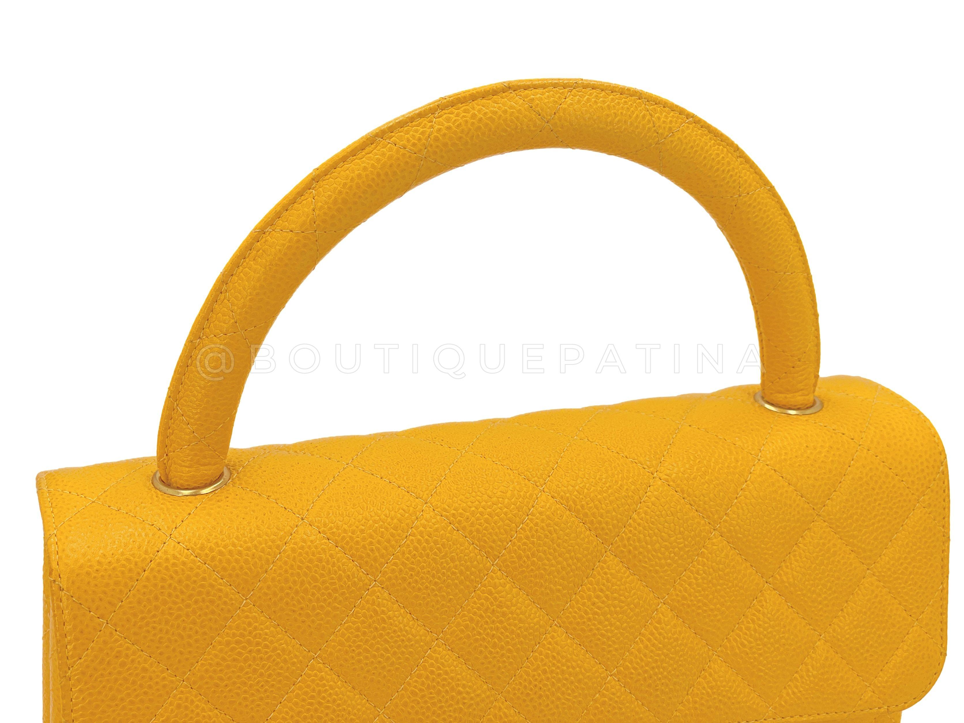 Chanel 1997 Vintage Canary Yellow Caviar Kelly Flap Parent Bag 24k GHW 66771 In Excellent Condition For Sale In Costa Mesa, CA
