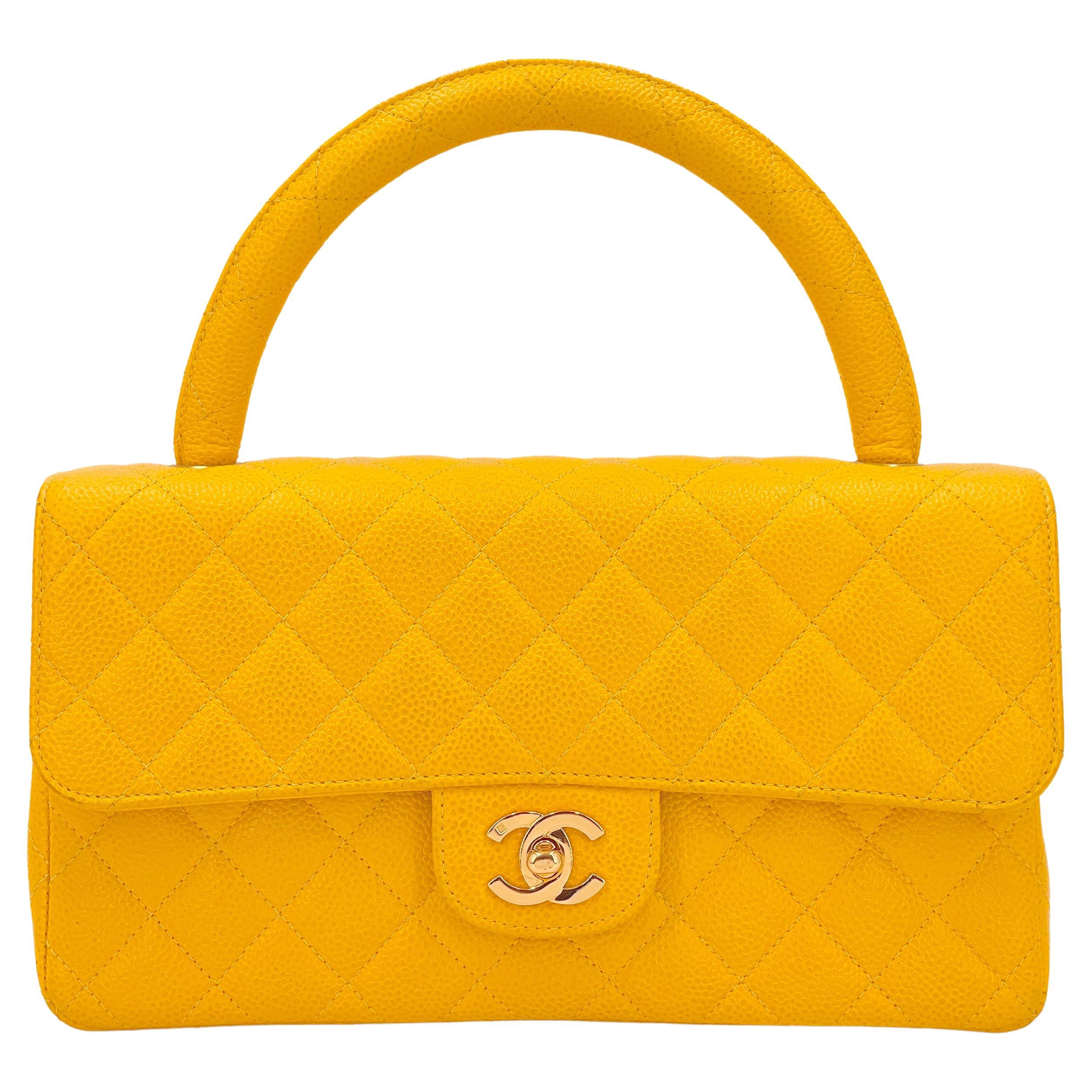 Chanel 1997 Vintage Canary Yellow Caviar Kelly Flap Parent Bag 24k GHW 66771 For Sale