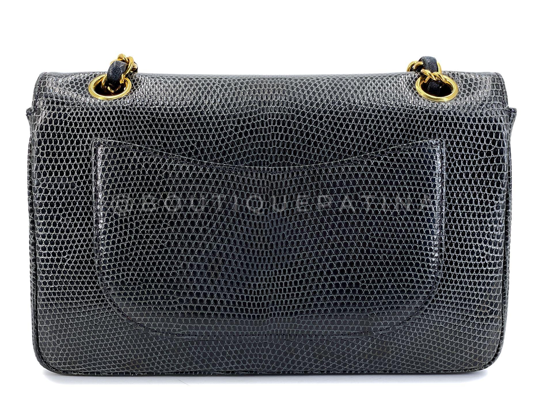 Chanel 1997 Vintage Charcoal Gray Lizard Small Classic Flap Bag 24k GHW 68421 For Sale 1