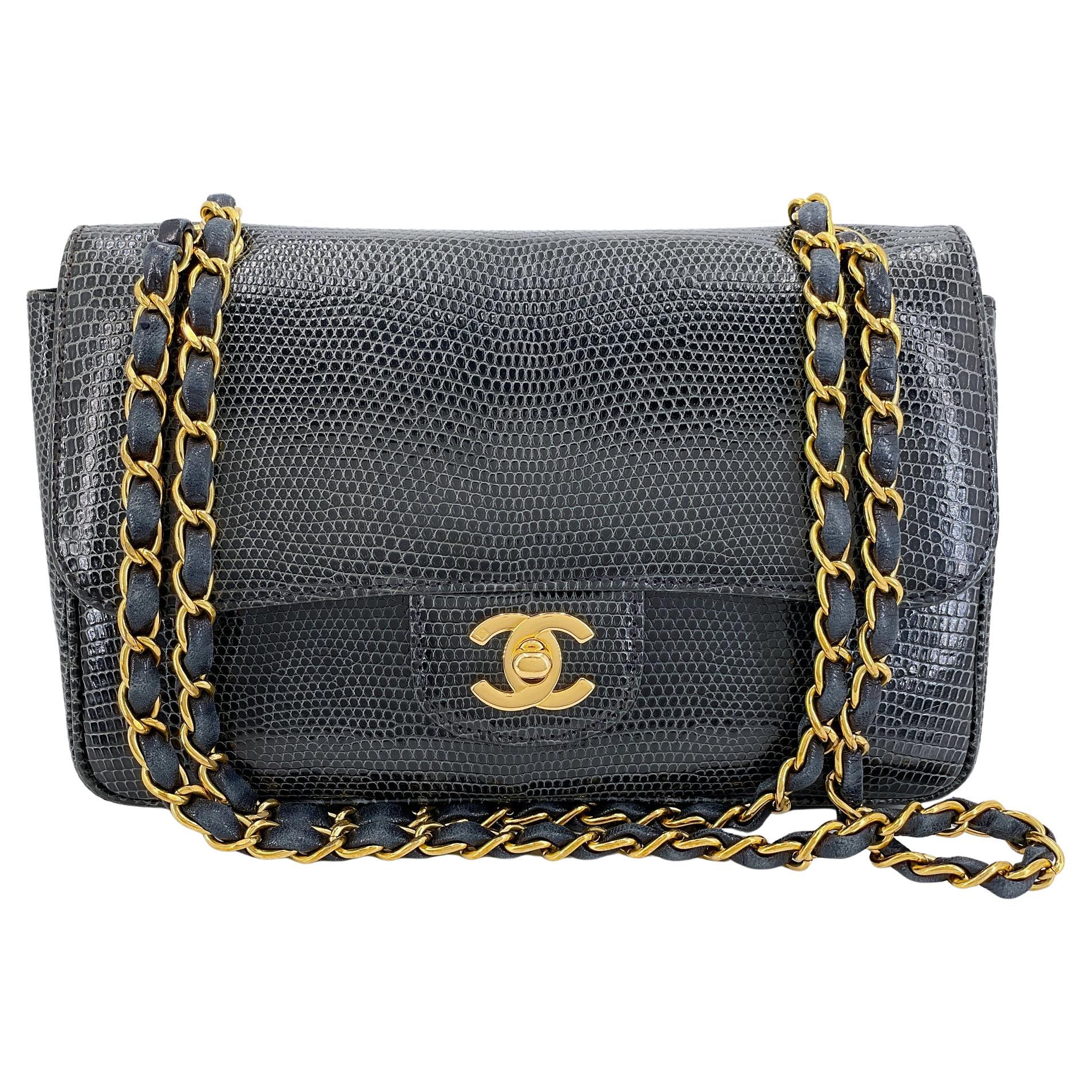 Chanel 1997 Vintage Charcoal Gray Lizard Small Classic Flap Bag 24k GHW 68421 For Sale