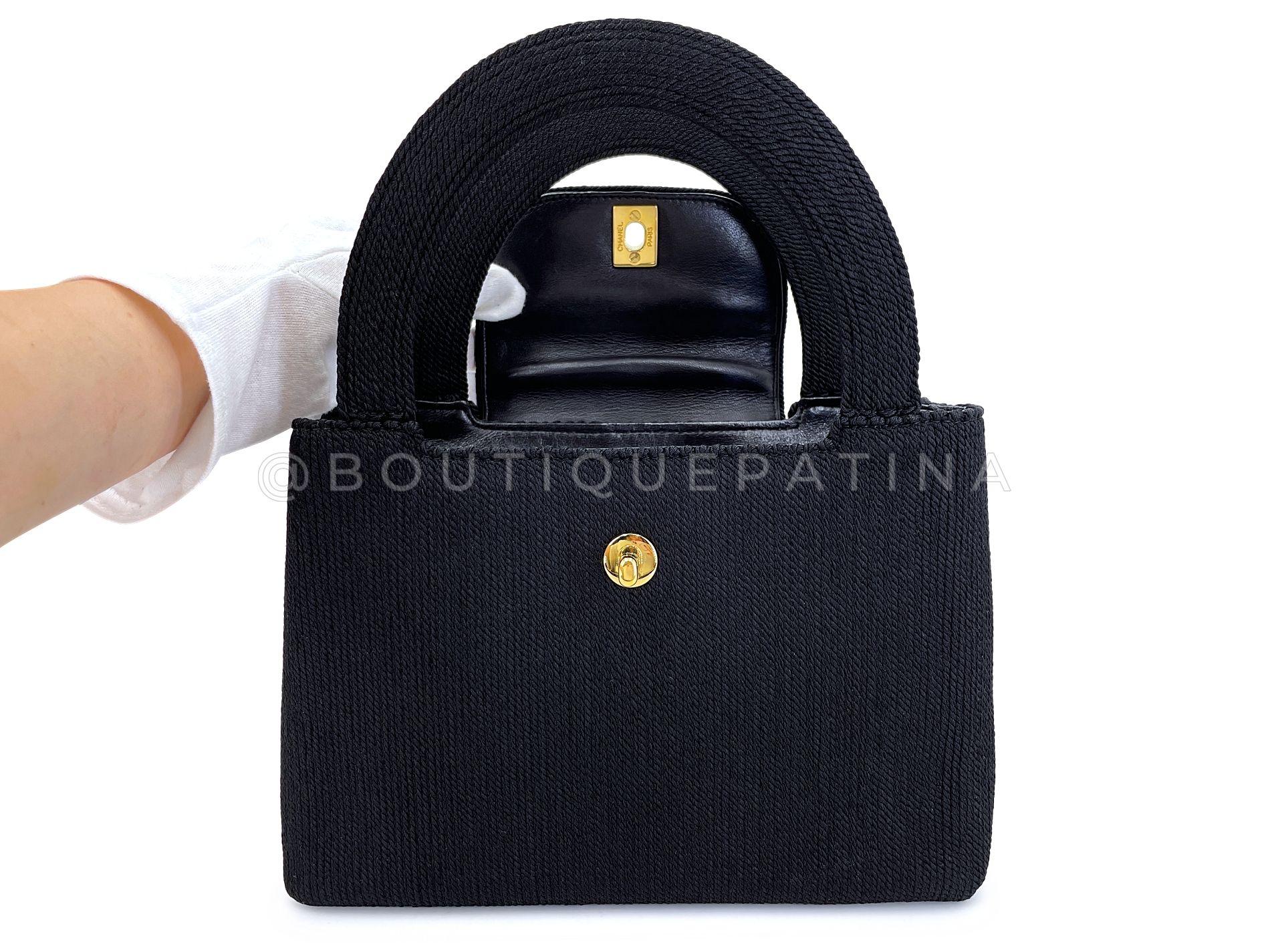 Chanel 1997 Vintage Silk Rope Raffia Black Mini Kelly Evening Bag 24k GHW 68386 For Sale 6