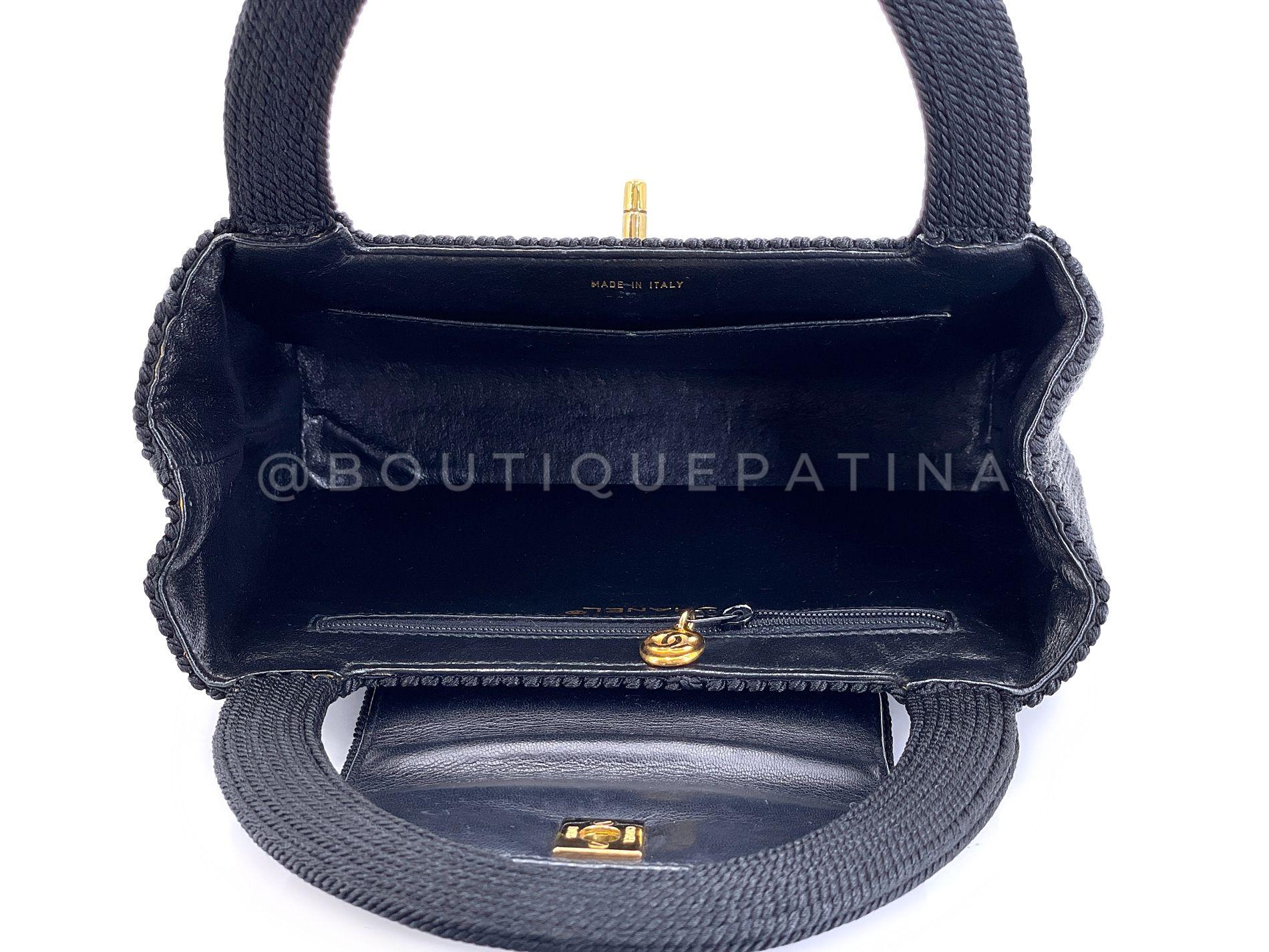 Chanel 1997 Vintage Silk Rope Raffia Black Mini Kelly Evening Bag 24k GHW 68386 For Sale 7