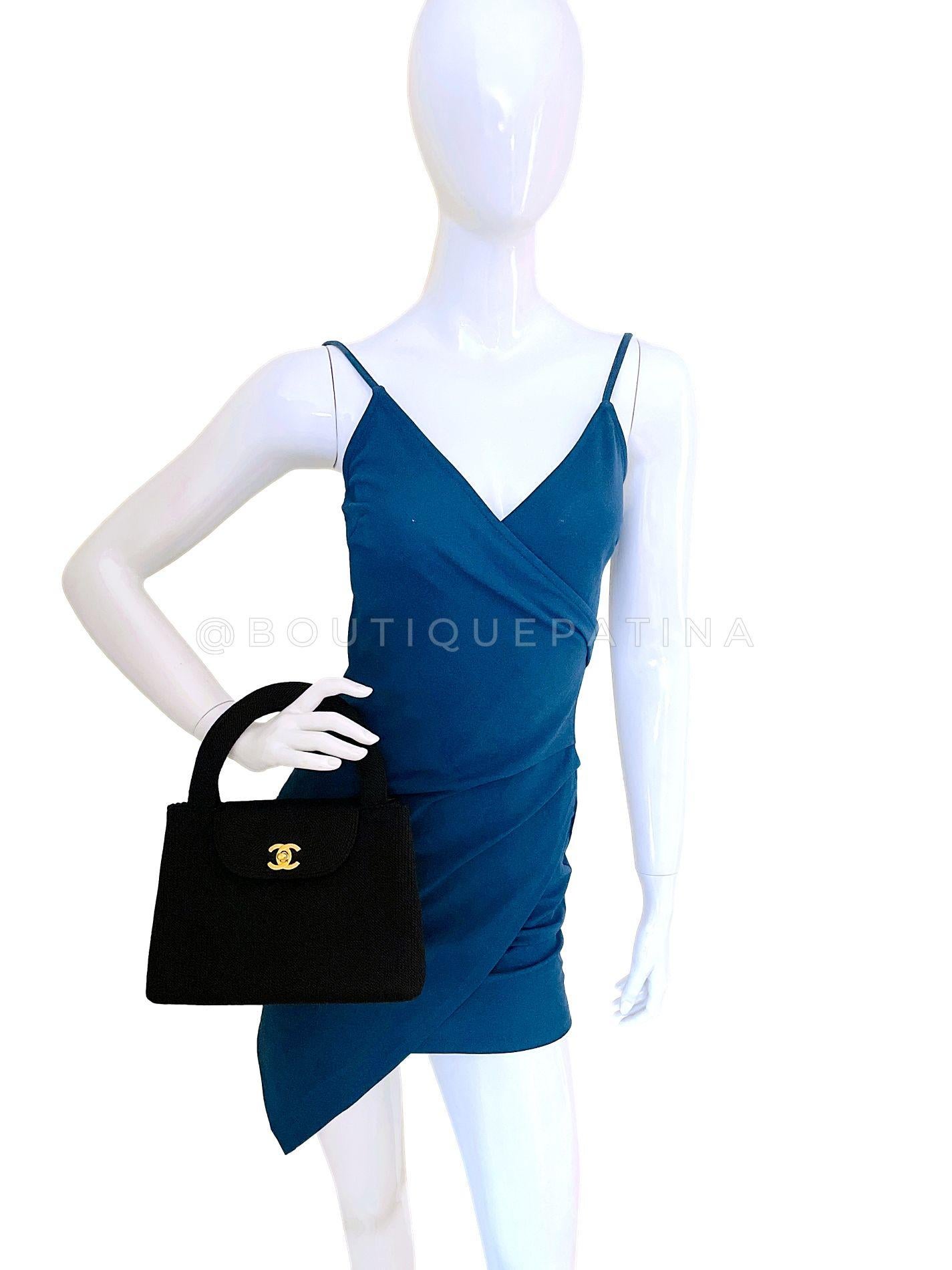 Chanel 1997 Vintage Silk Rope Raffia Black Mini Kelly Evening Bag 24k GHW 68386 For Sale 11