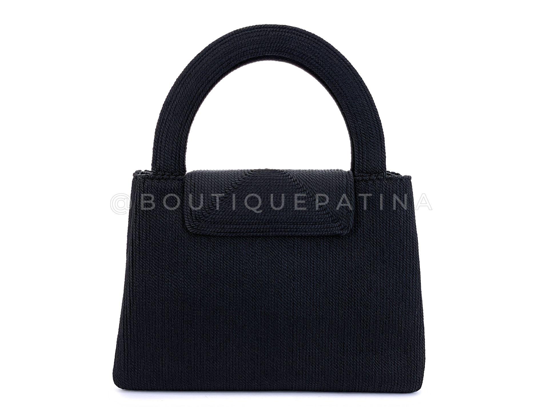 Women's Chanel 1997 Vintage Silk Rope Raffia Black Mini Kelly Evening Bag 24k GHW 68386 For Sale
