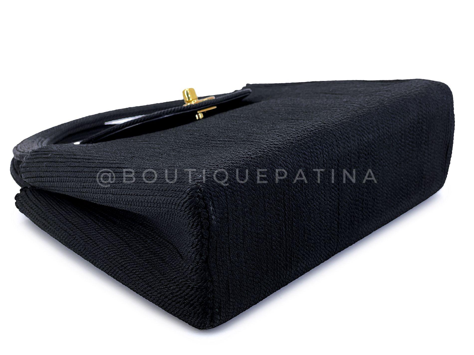 Chanel 1997 Vintage Silk Rope Raffia Black Mini Kelly Evening Bag 24k GHW 68386 For Sale 2