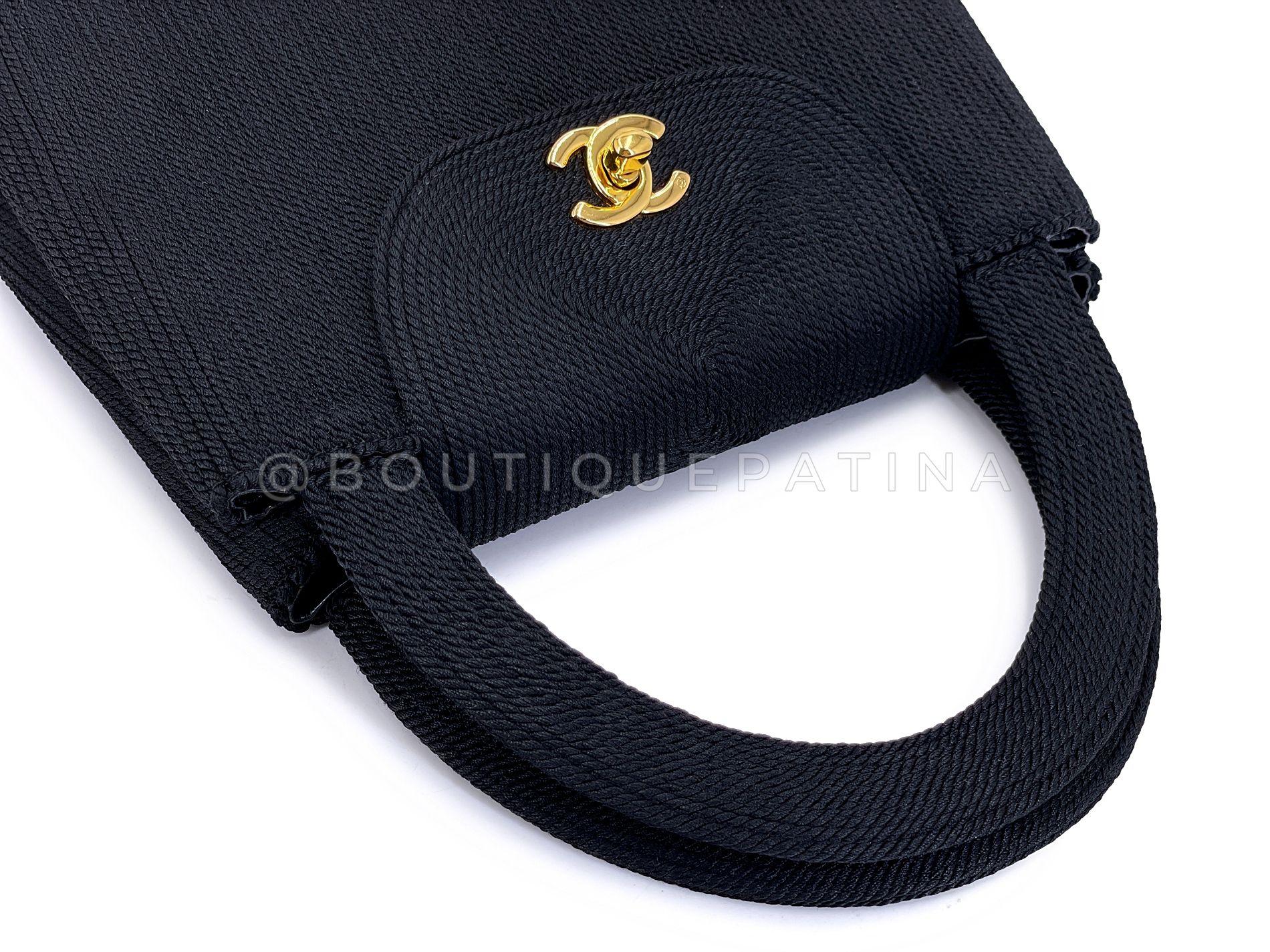 Chanel 1997 Vintage Silk Rope Raffia Black Mini Kelly Evening Bag 24k GHW 68386 For Sale 4