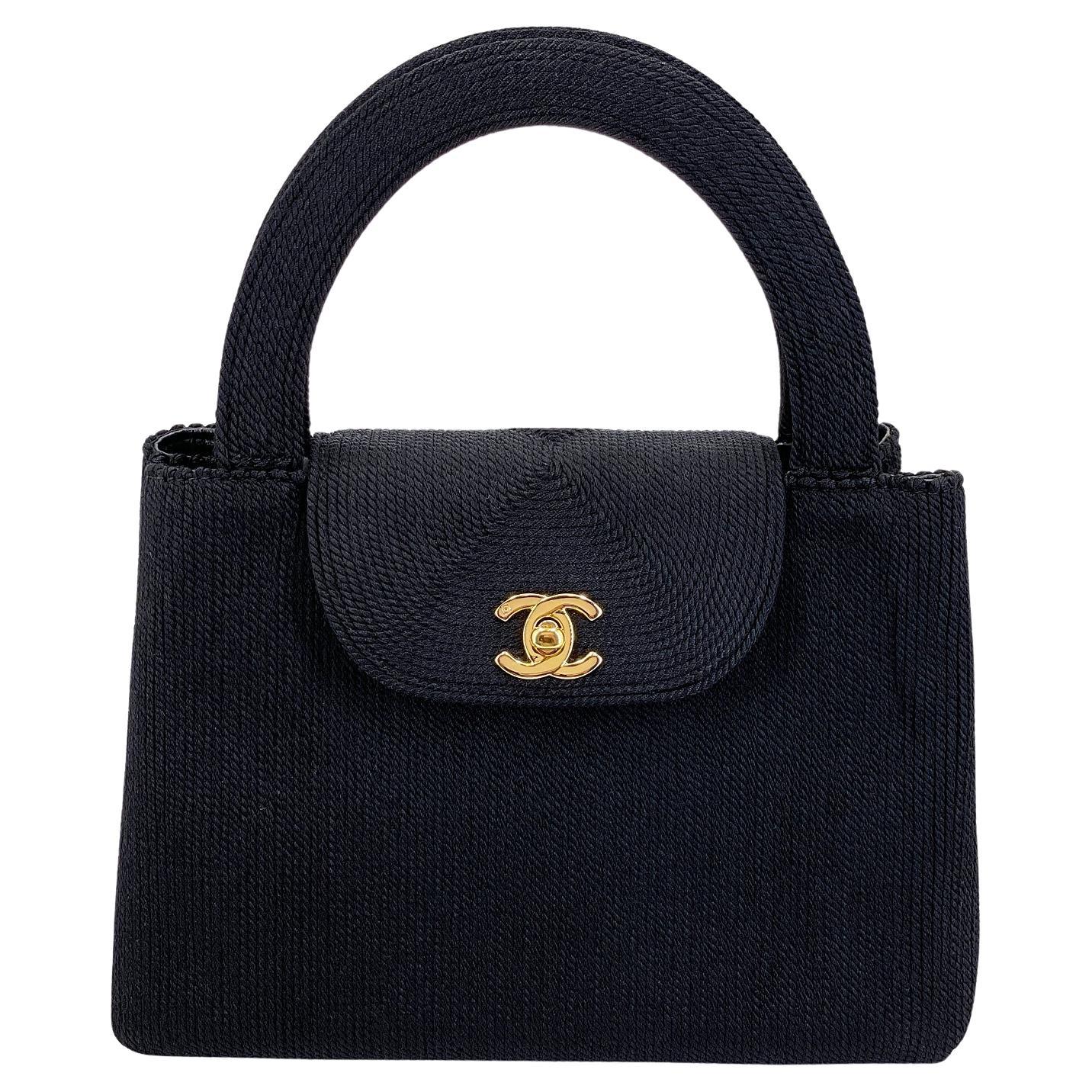 Chanel 1997 Vintage Silk Rope Raffia Black Mini Kelly Evening Bag 24k GHW 68386 For Sale