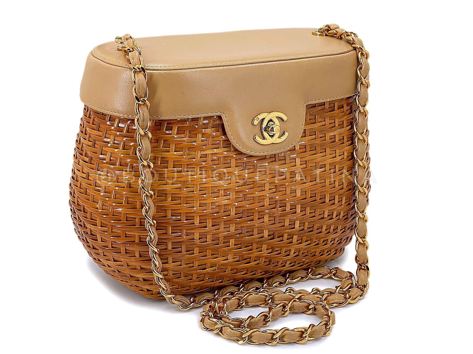 Store item: 67876
This Chanel 1997 Vintage Wicker and Beige Lambskin Basket Vanity Bag is adorable as a crossbody. A unique rounded basket shape bag with a caramel brown 