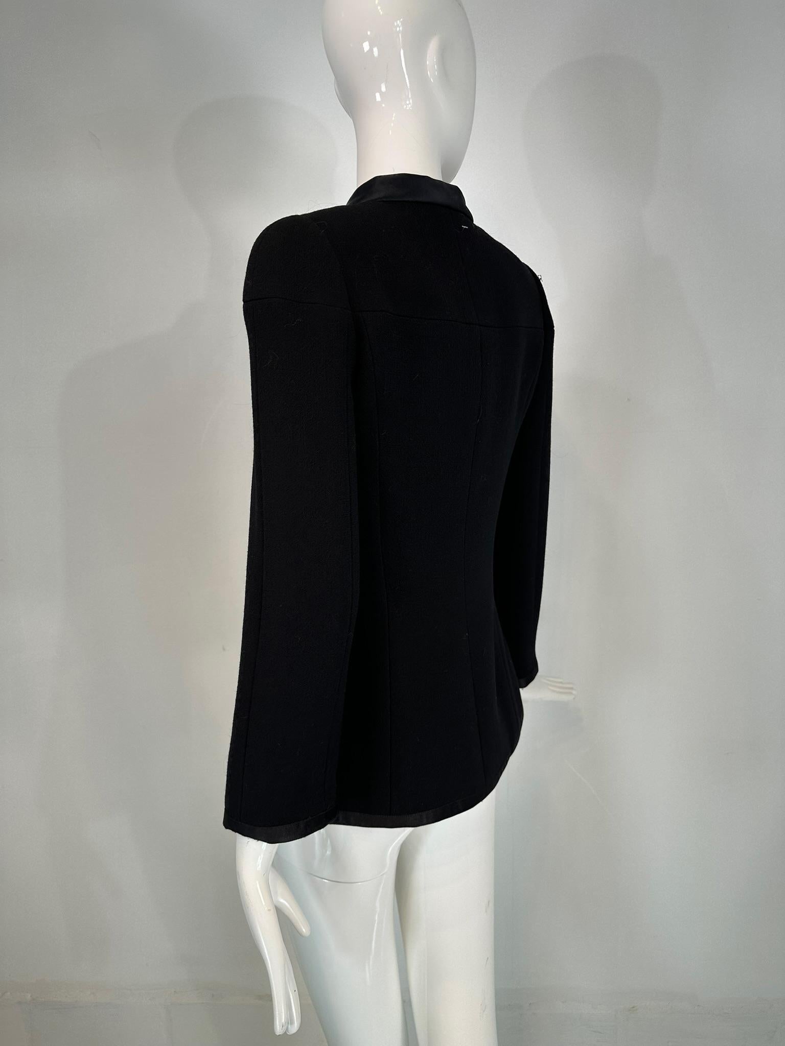 Chanel 1997A Black 100% Wool Gold & Pearl Logo Button Band Collar Jacket 36 For Sale 9