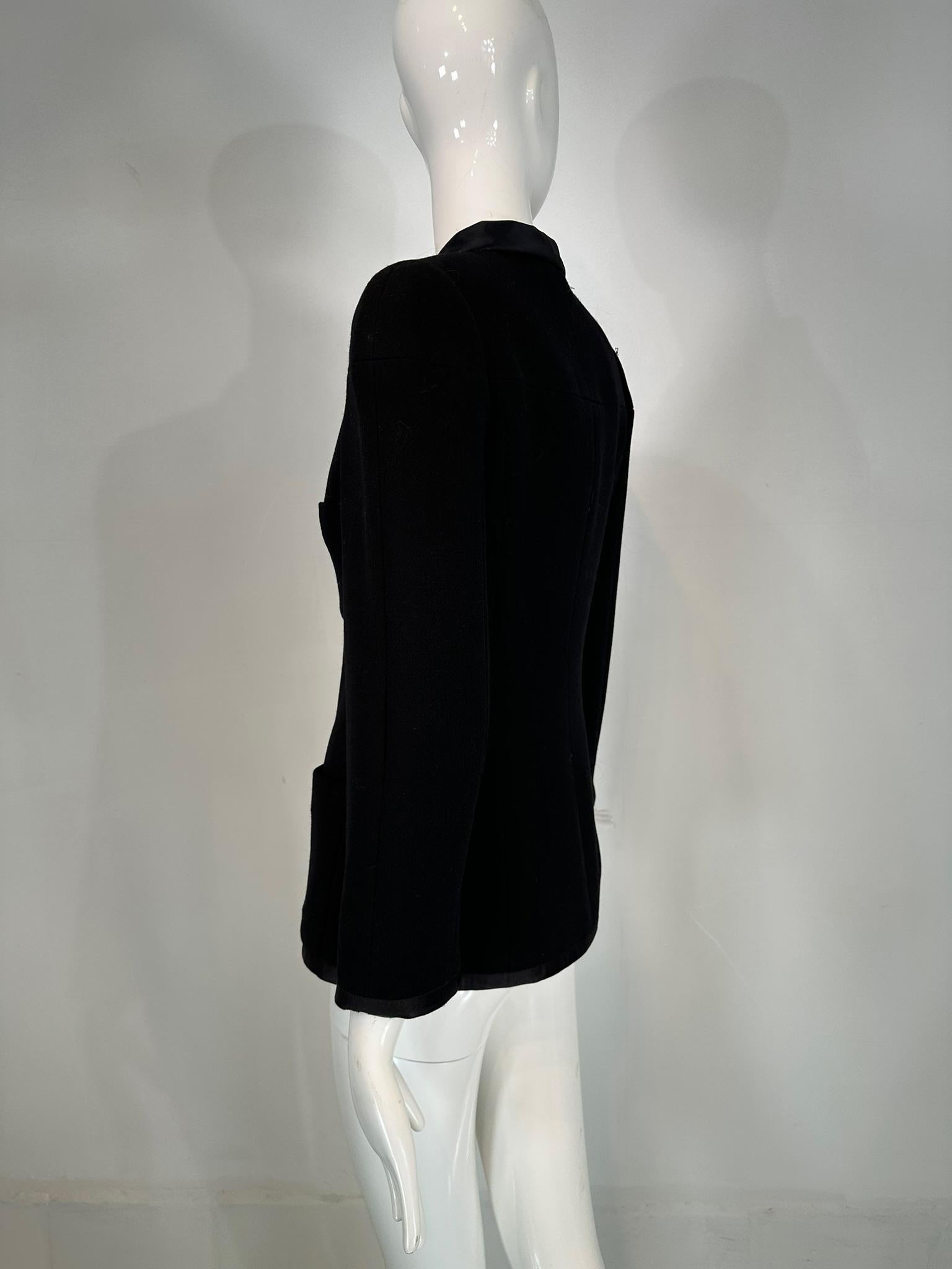 Chanel 1997A Black 100% Wool Gold & Pearl Logo Button Band Collar Jacket 36 For Sale 10