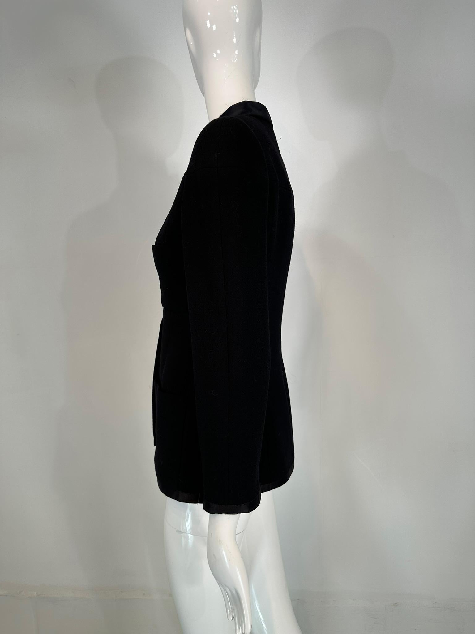 Chanel 1997A Black 100% Wool Gold & Pearl Logo Button Band Collar Jacket 36 For Sale 11