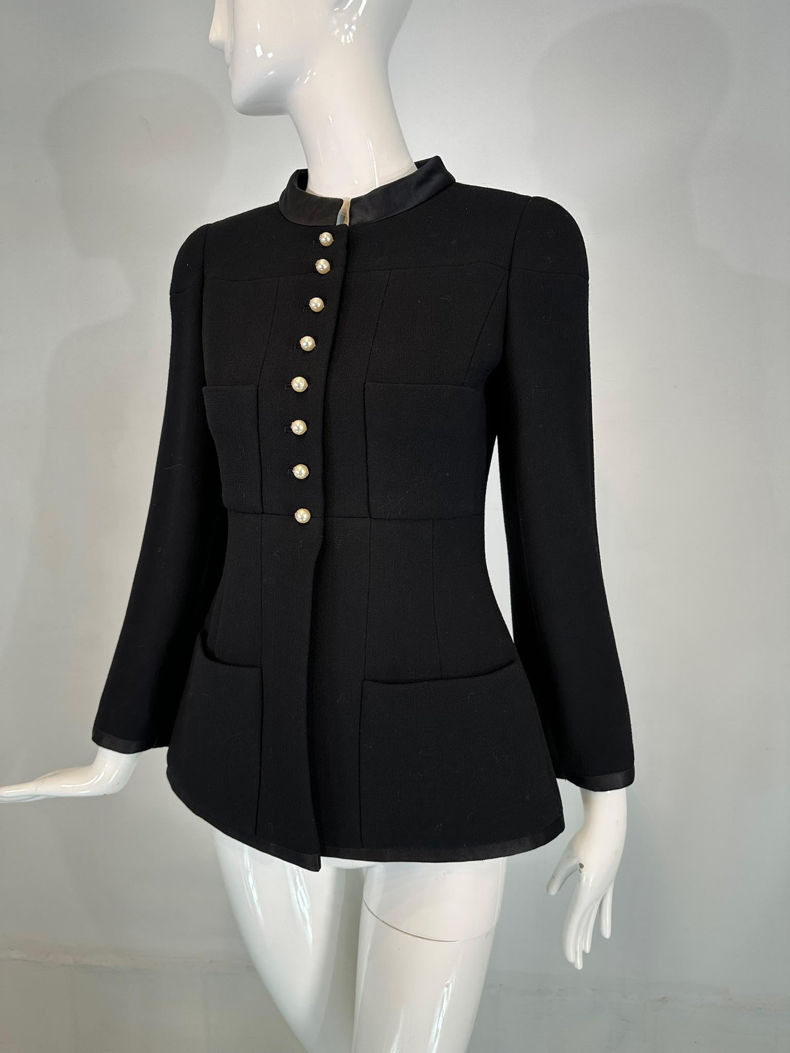 Chanel 1997A Black 100% Wool Gold & Pearl Logo Button Band Collar Jacket 36 For Sale 13