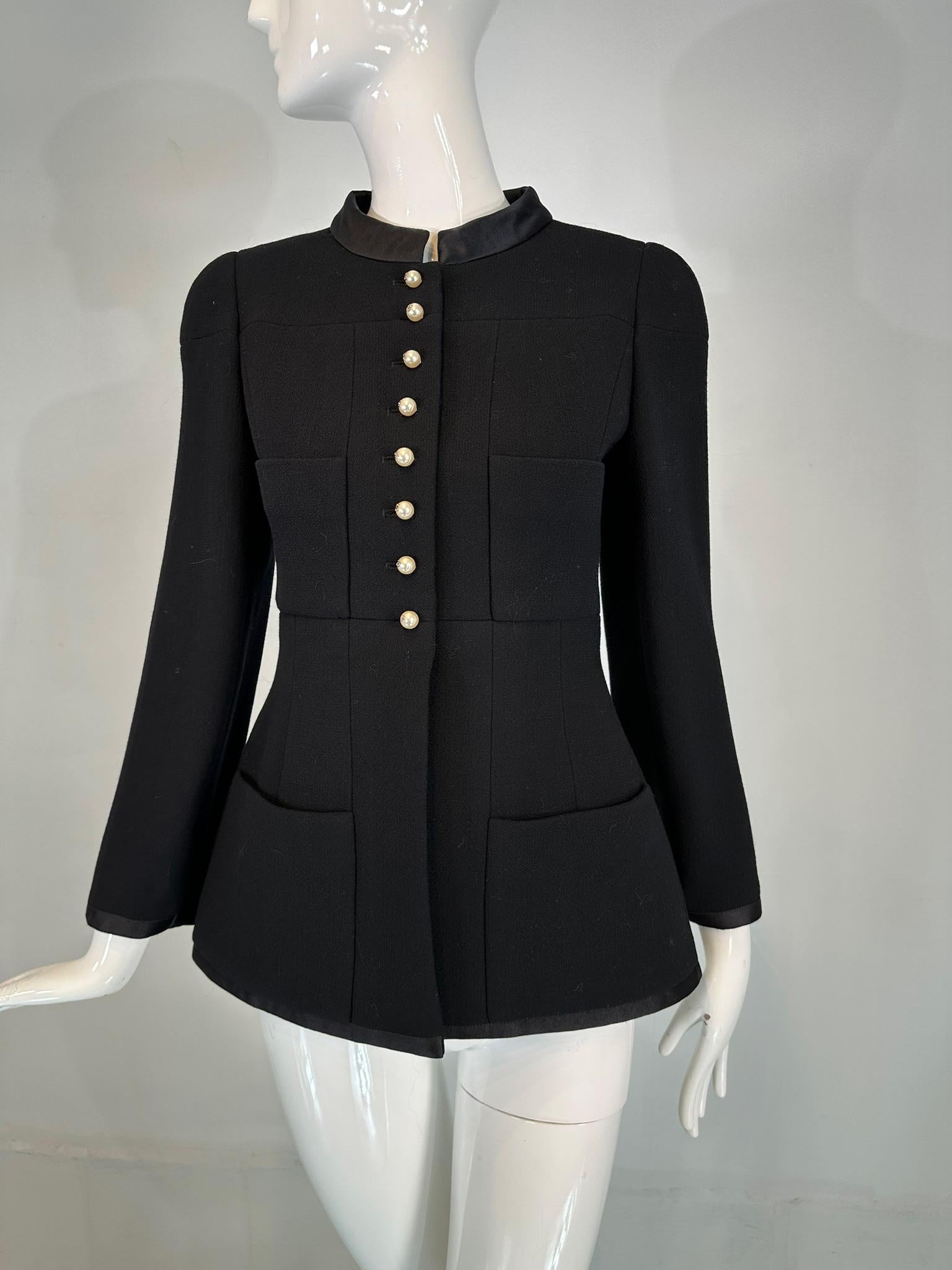 Chanel 1997A Black 100% Wool Gold & Pearl Logo Button Band Collar Jacket 36 For Sale 14