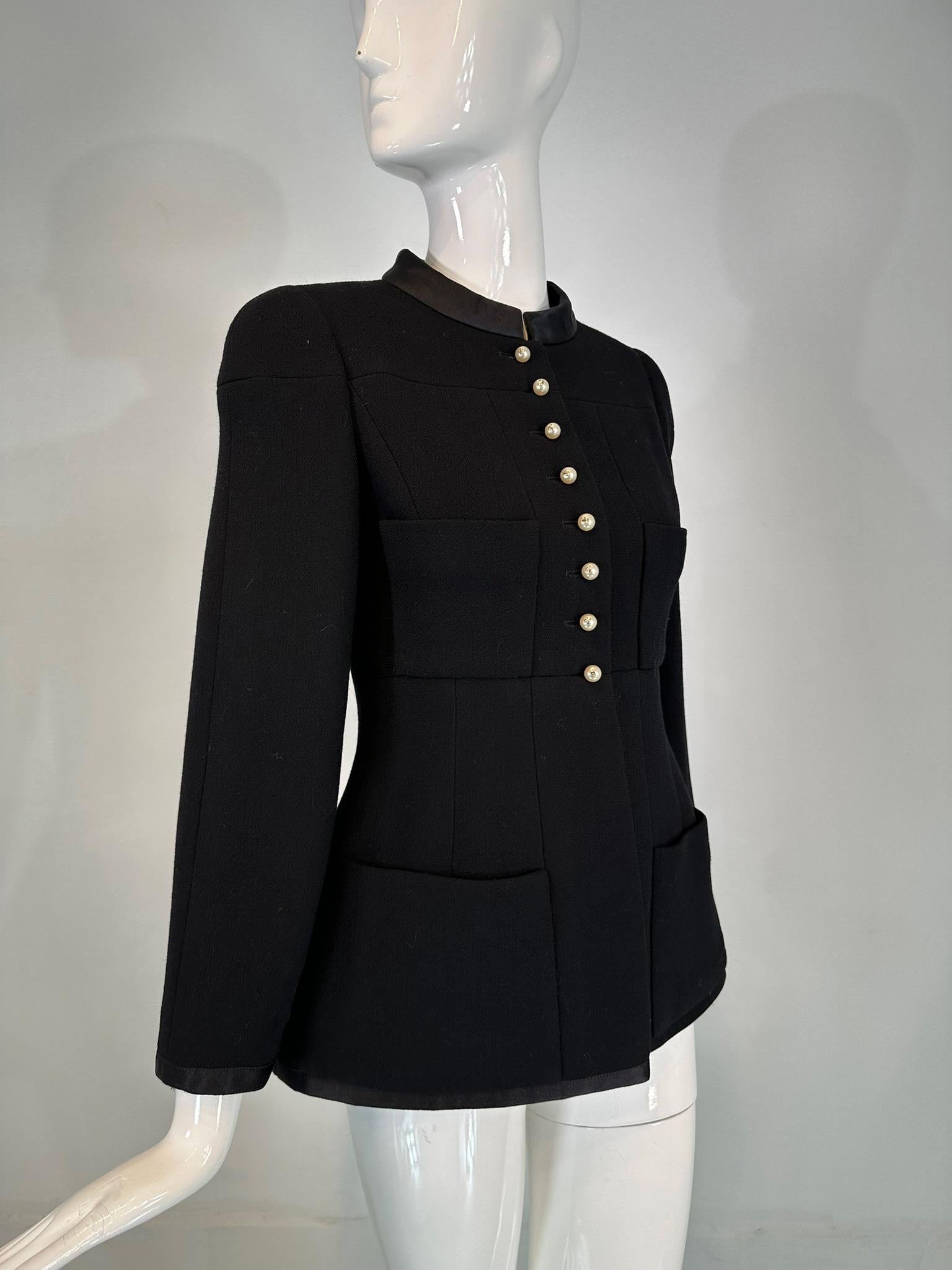 Chanel 1997A Black 100% Wool Gold & Pearl Logo Button Band Collar Jacket 36 In Excellent Condition For Sale In West Palm Beach, FL
