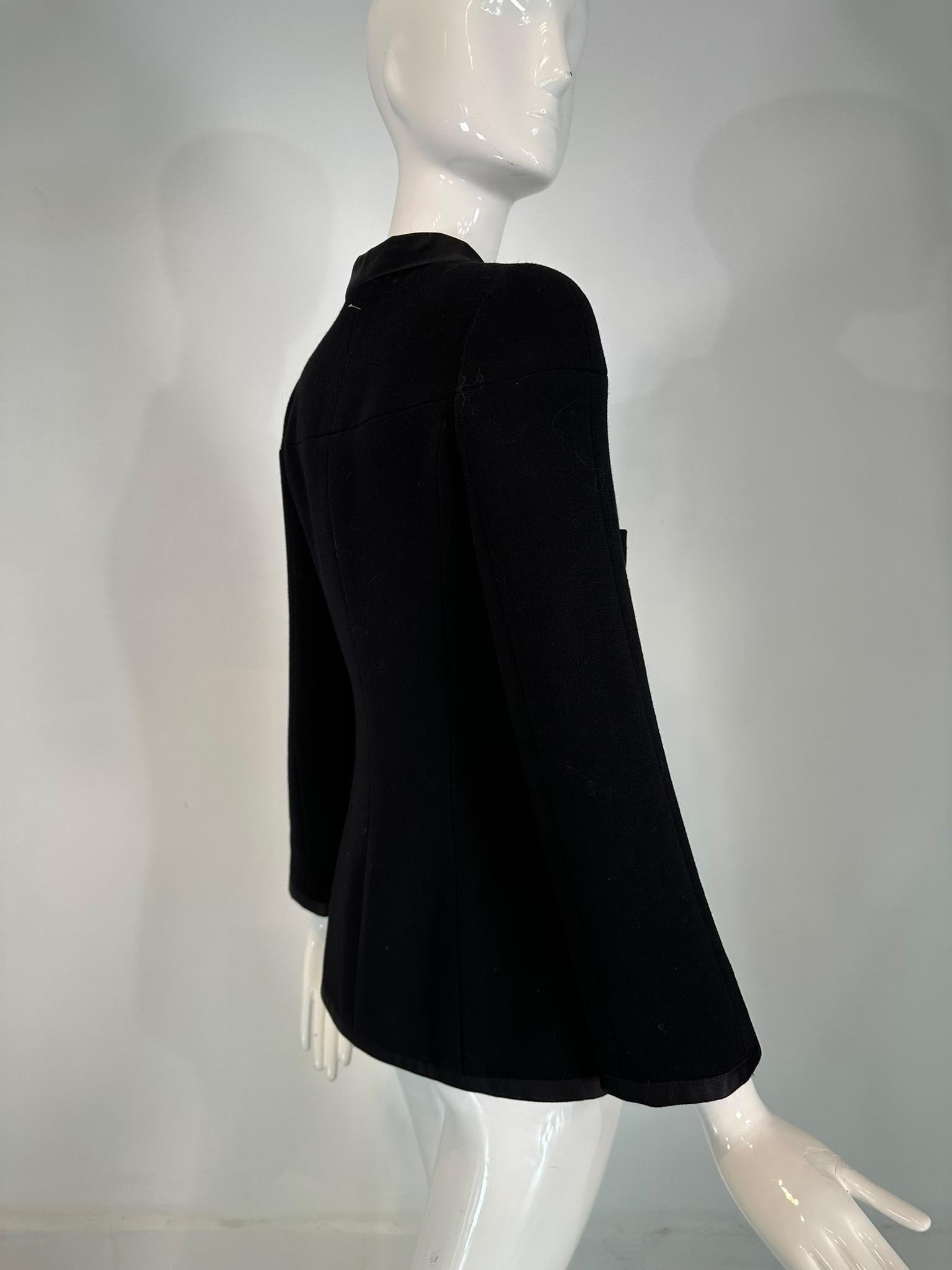 Chanel 1997A Black 100% Wool Gold & Pearl Logo Button Band Collar Jacket 36 For Sale 3