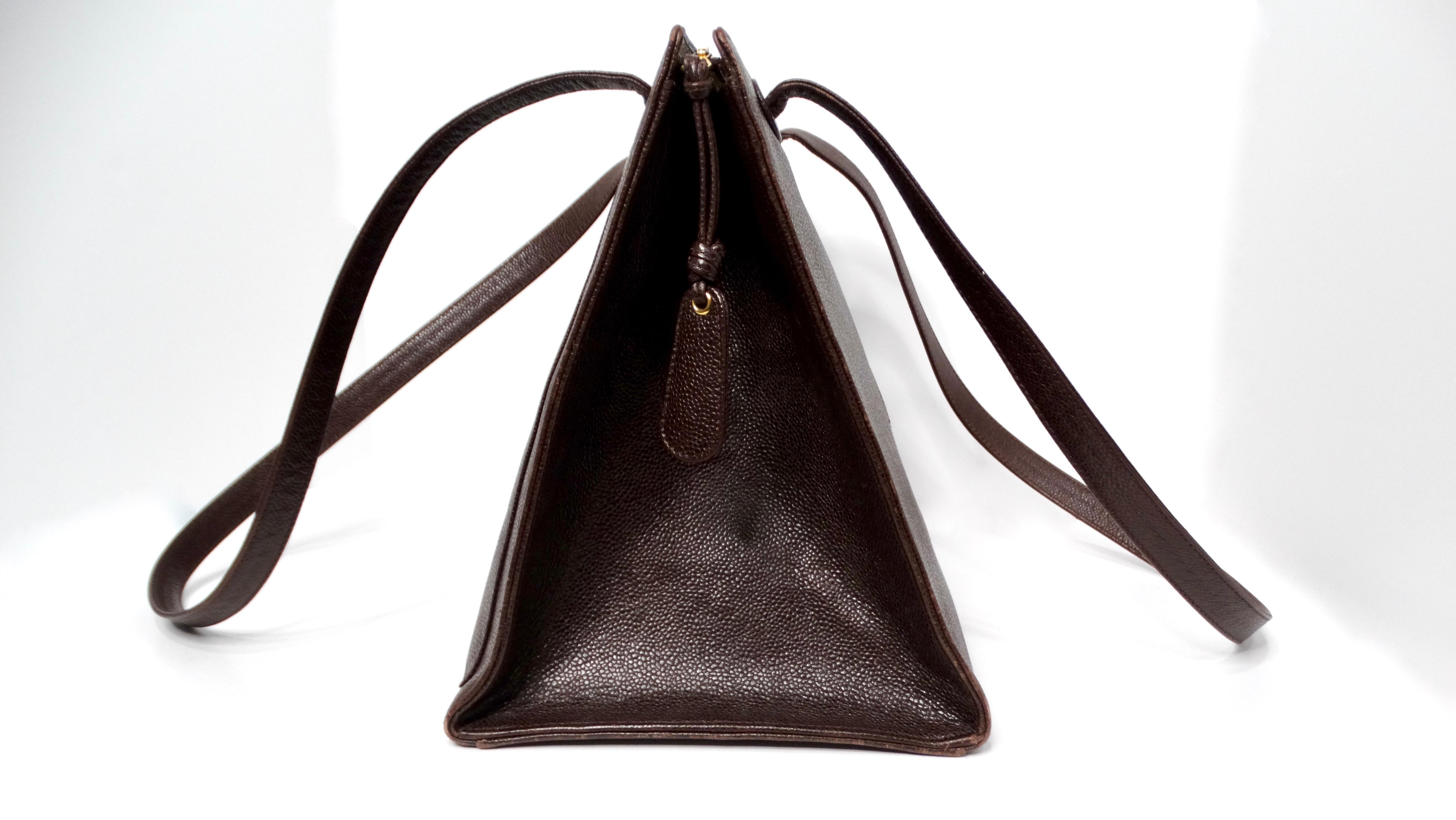 Women's or Men's Chanel 1998 Brown Caviar Leather Interlocking CC Logo Timeless Tote Bag For Sale