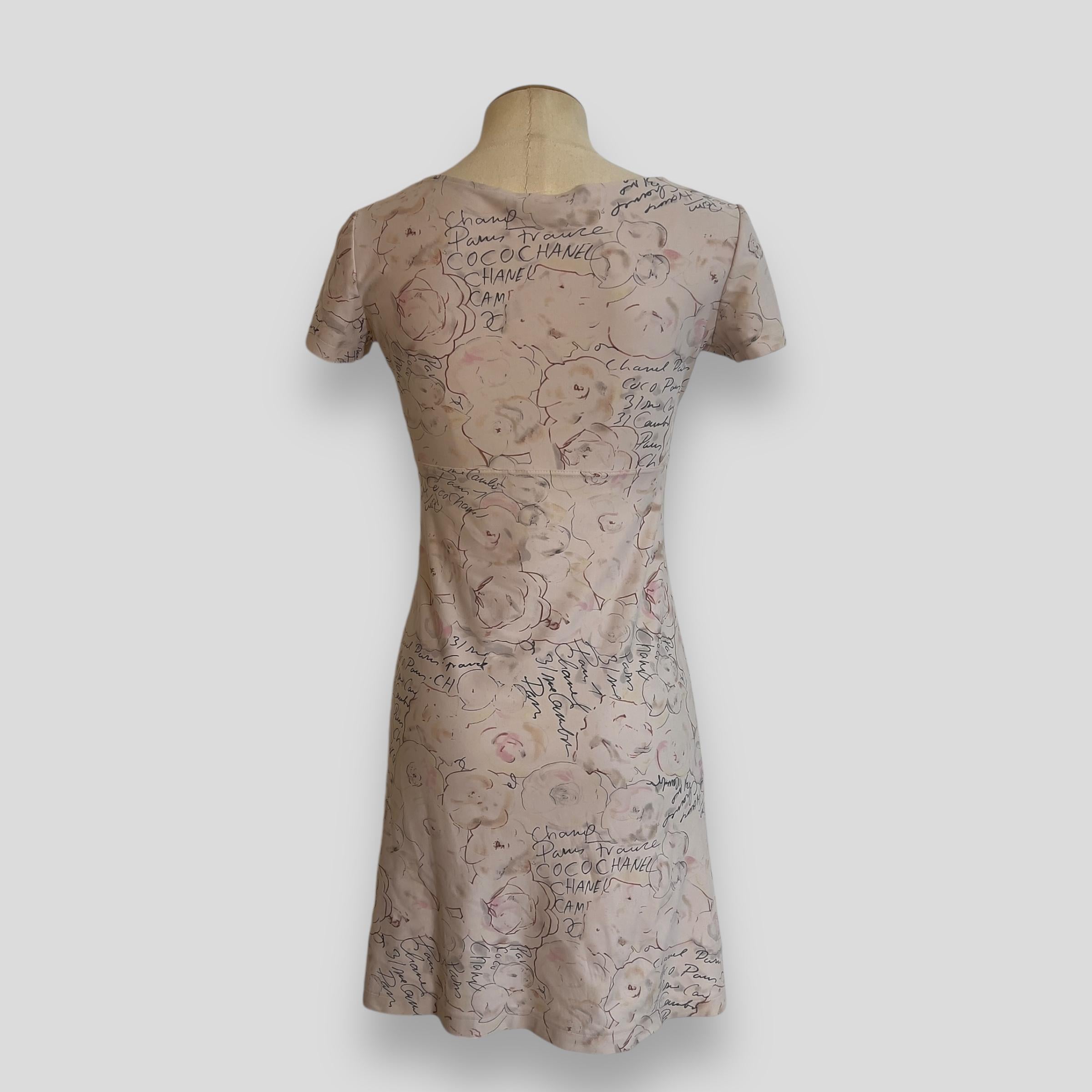 Gray Chanel 1998 Cruise Ivory Camellia Print Dress by Karl Lagerfeld