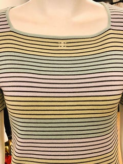 Chanel 1998 Multi-Coloured “CC” Cotton Square Neck Stripe Short Sleeve Top