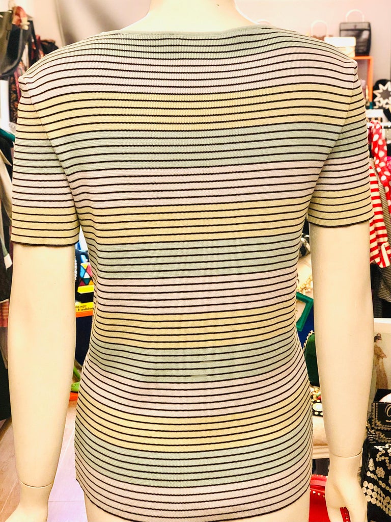 Beige Chanel 1998 Multi-Coloured “CC” Cotton Square Neck Stripe Short Sleeve Top For Sale