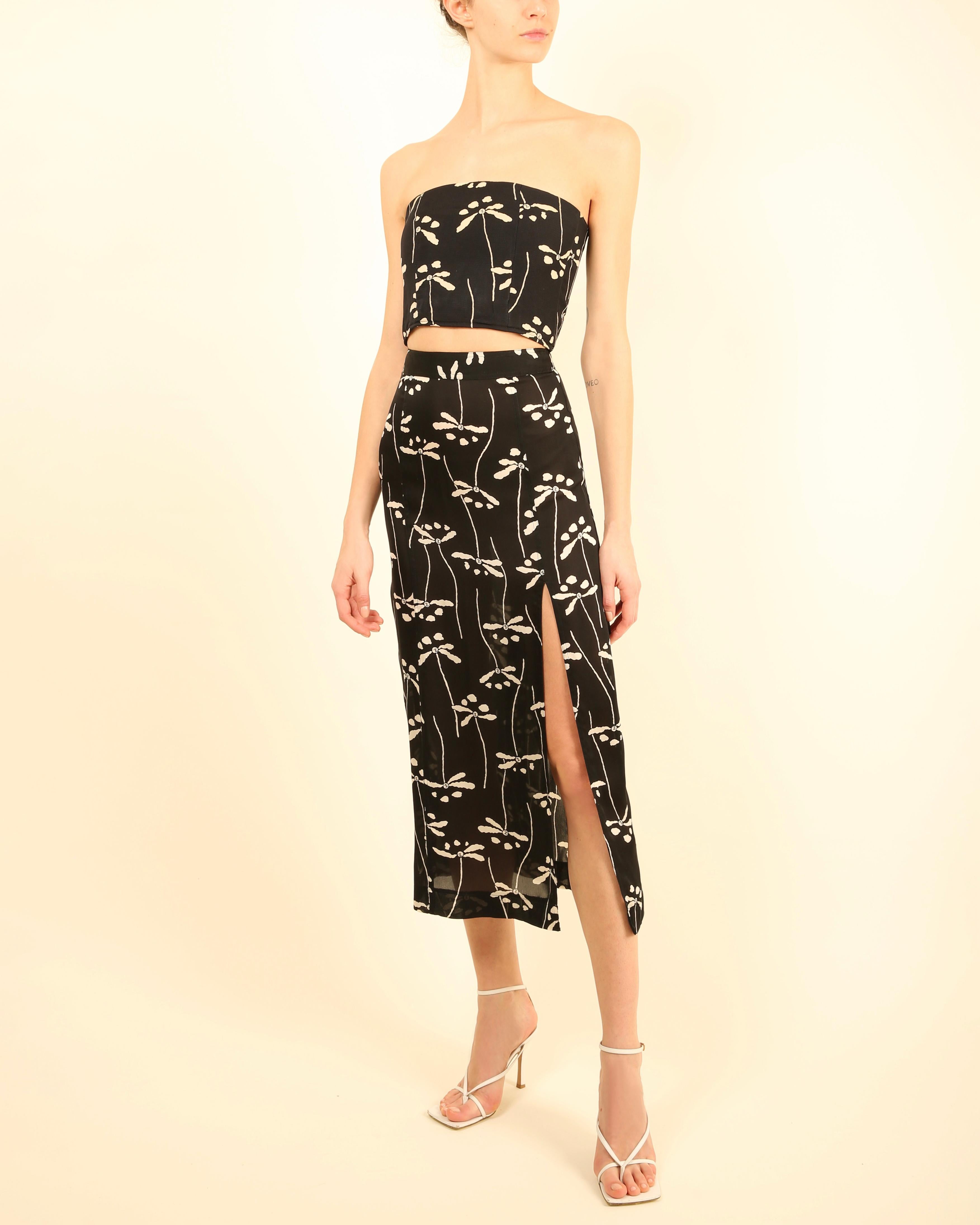 Chanel 1998 strapless corset bustier silk skirt dress dragonfly print combo XS For Sale 5