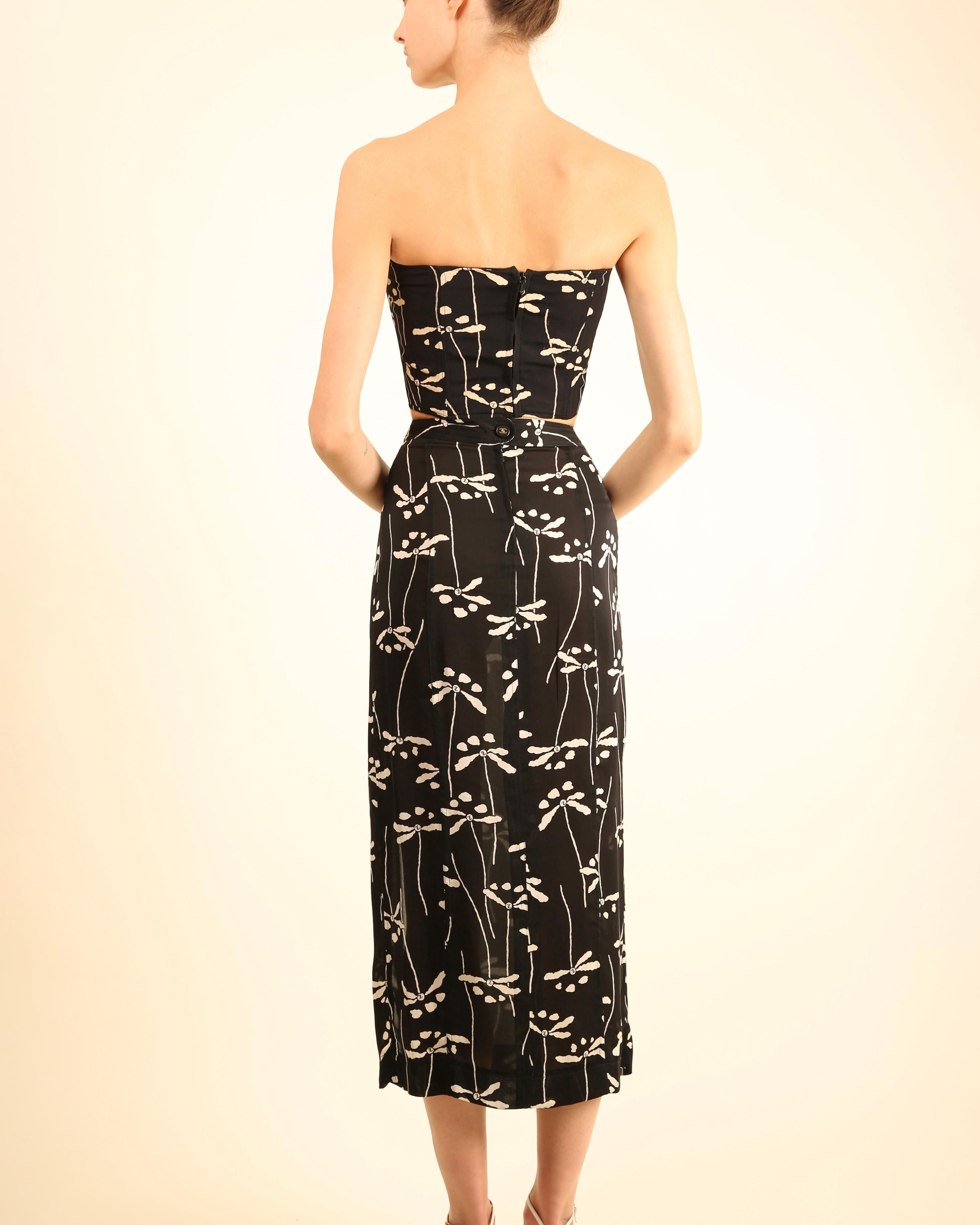 Chanel 1998 strapless corset bustier silk skirt dress dragonfly print combo XS For Sale 7