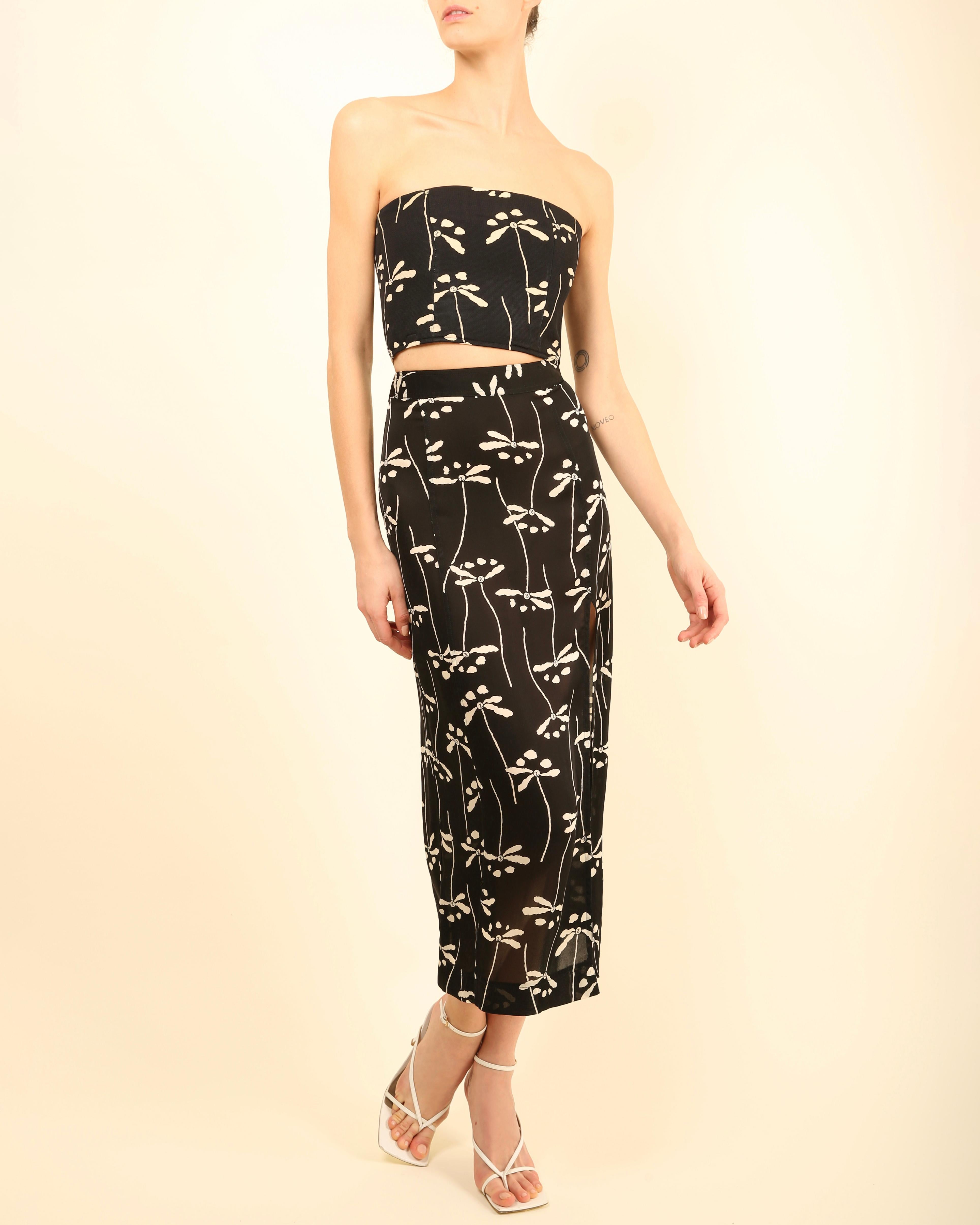 Chanel 1998 strapless corset bustier silk skirt dress dragonfly print combo XS In Good Condition For Sale In Milano, Lombardia