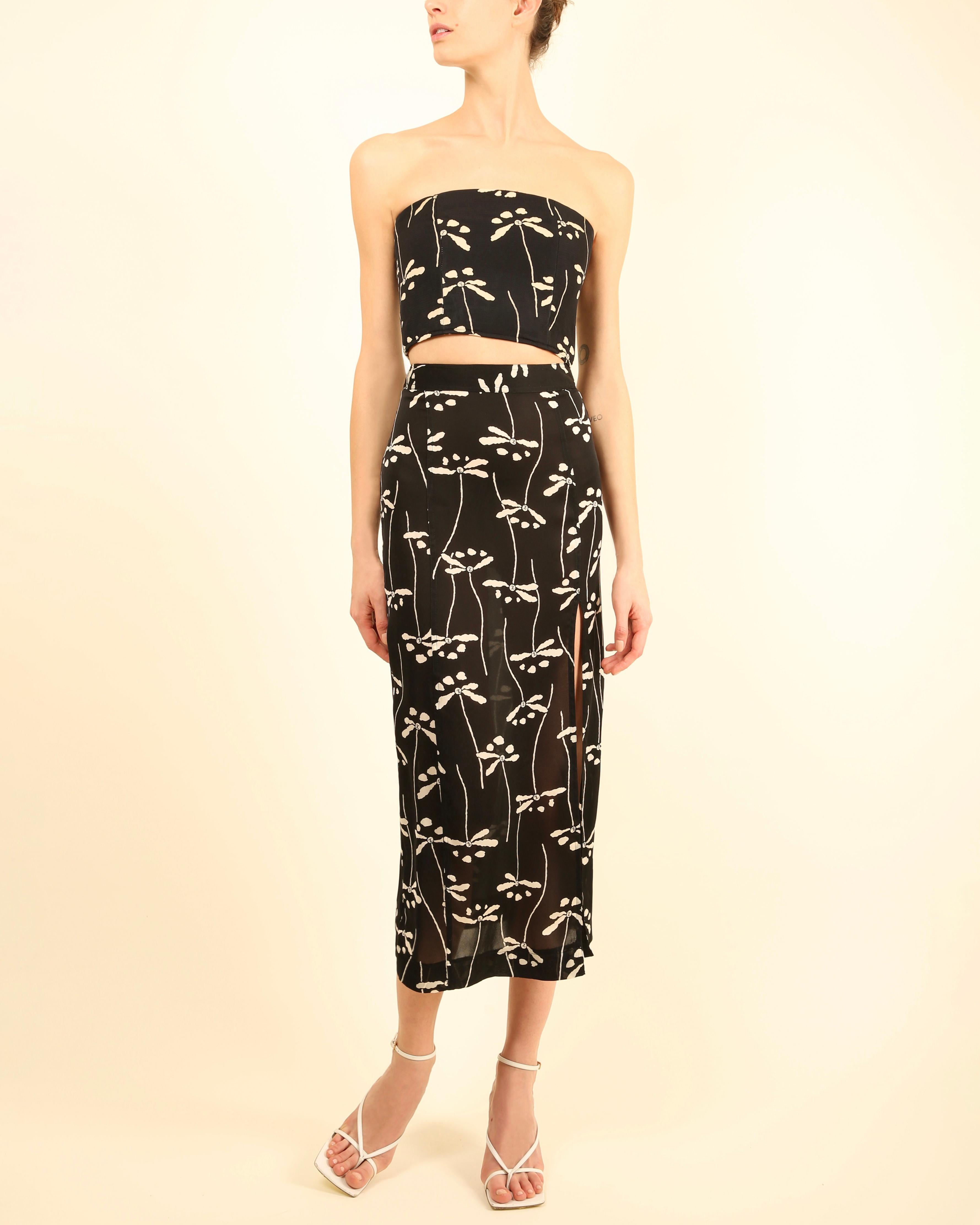 Chanel 1998 strapless corset bustier silk skirt dress dragonfly print combo XS For Sale 4