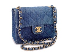 Chanel 1998 Vintage Blue Denim Square Mini Flap Bag 24k GHW  68466