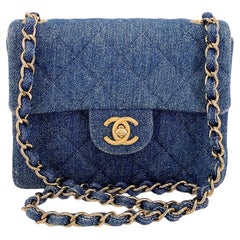 Chanel 1998 Vintage Blue Denim Square Mini Flap Bag 24k GHW  68466